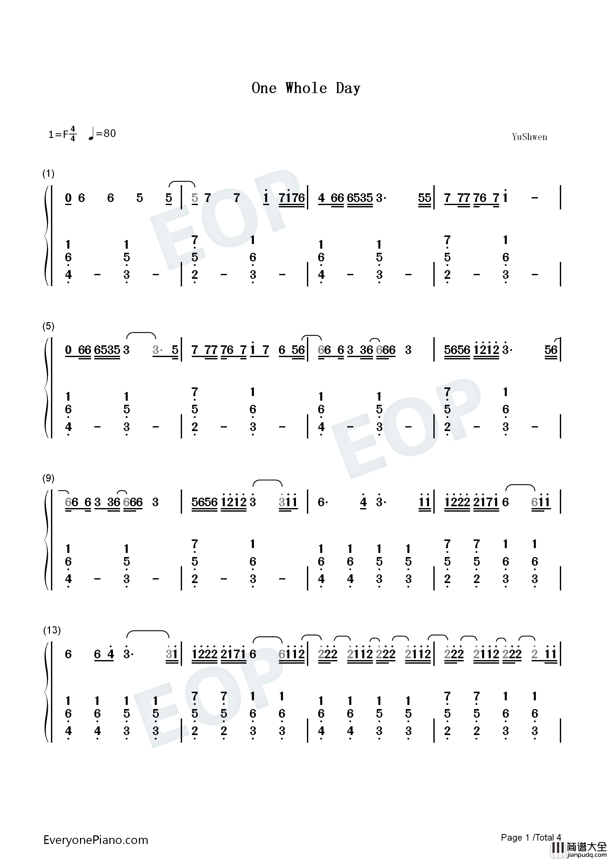One_Whole_Day钢琴简谱_Dixie_D'Amelio_Wiz_Khalifa演唱
