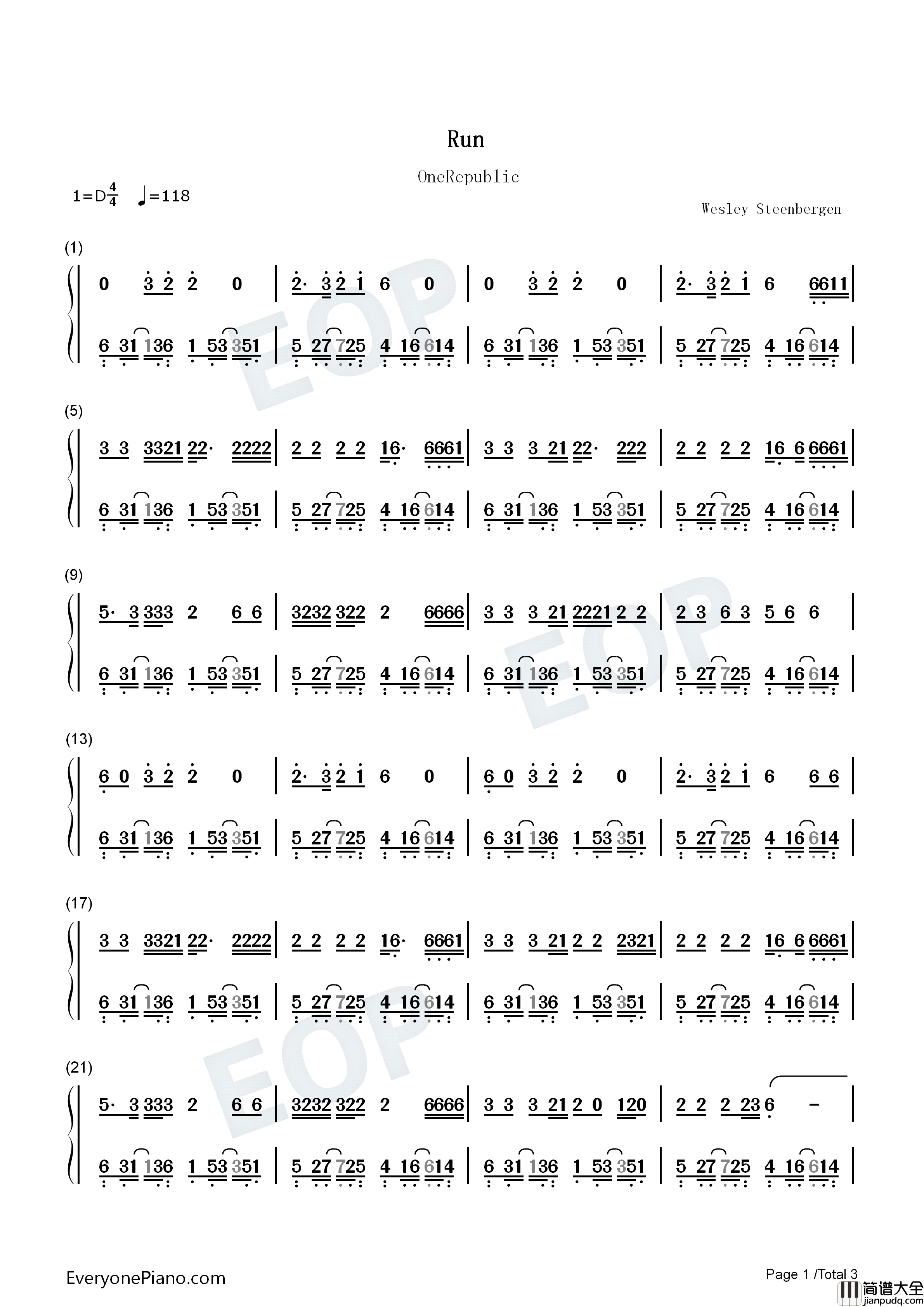 Run–OneRepublic钢琴简谱_OneRepublic演唱