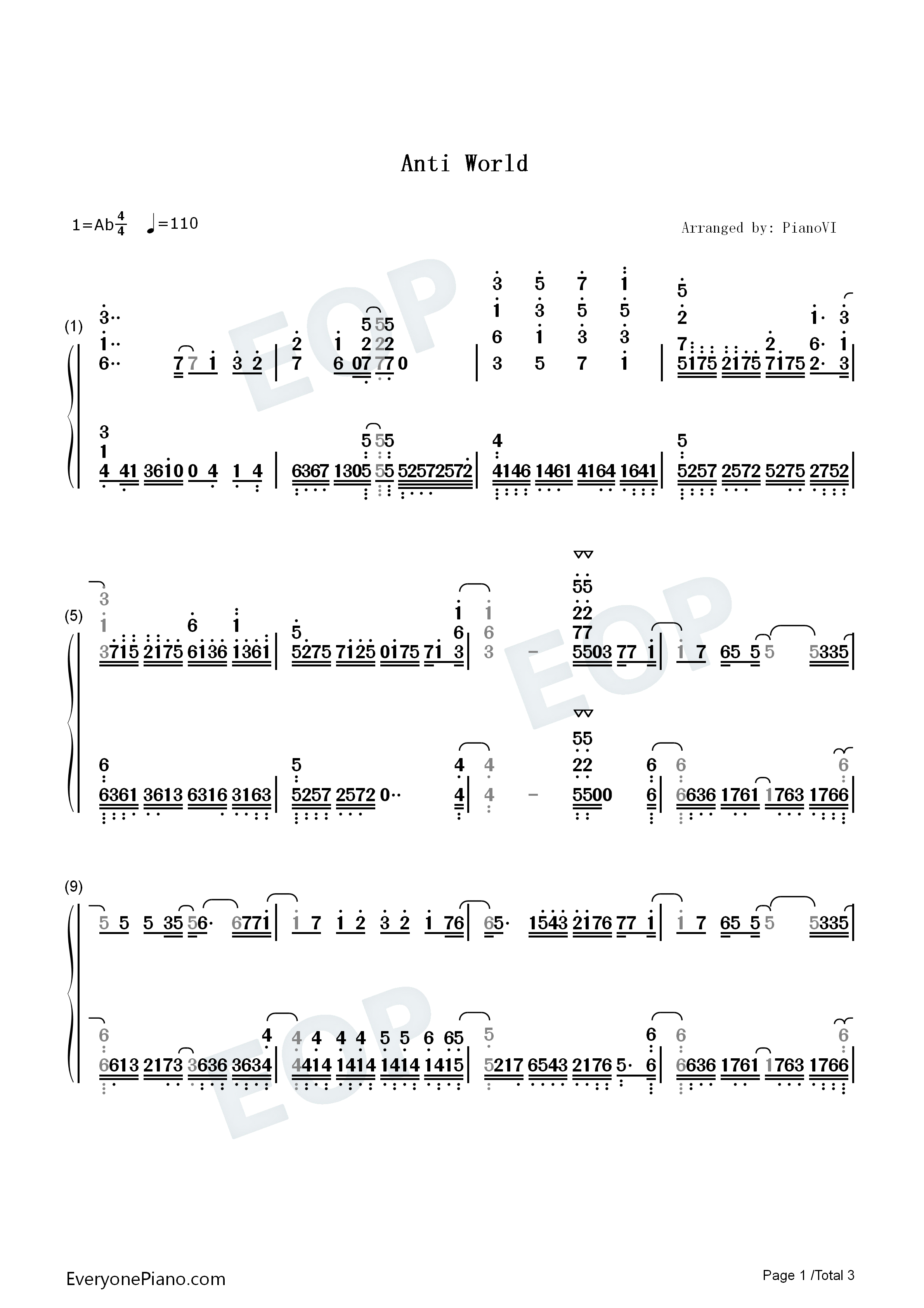 Anti_world钢琴简谱_高槻加奈子演唱