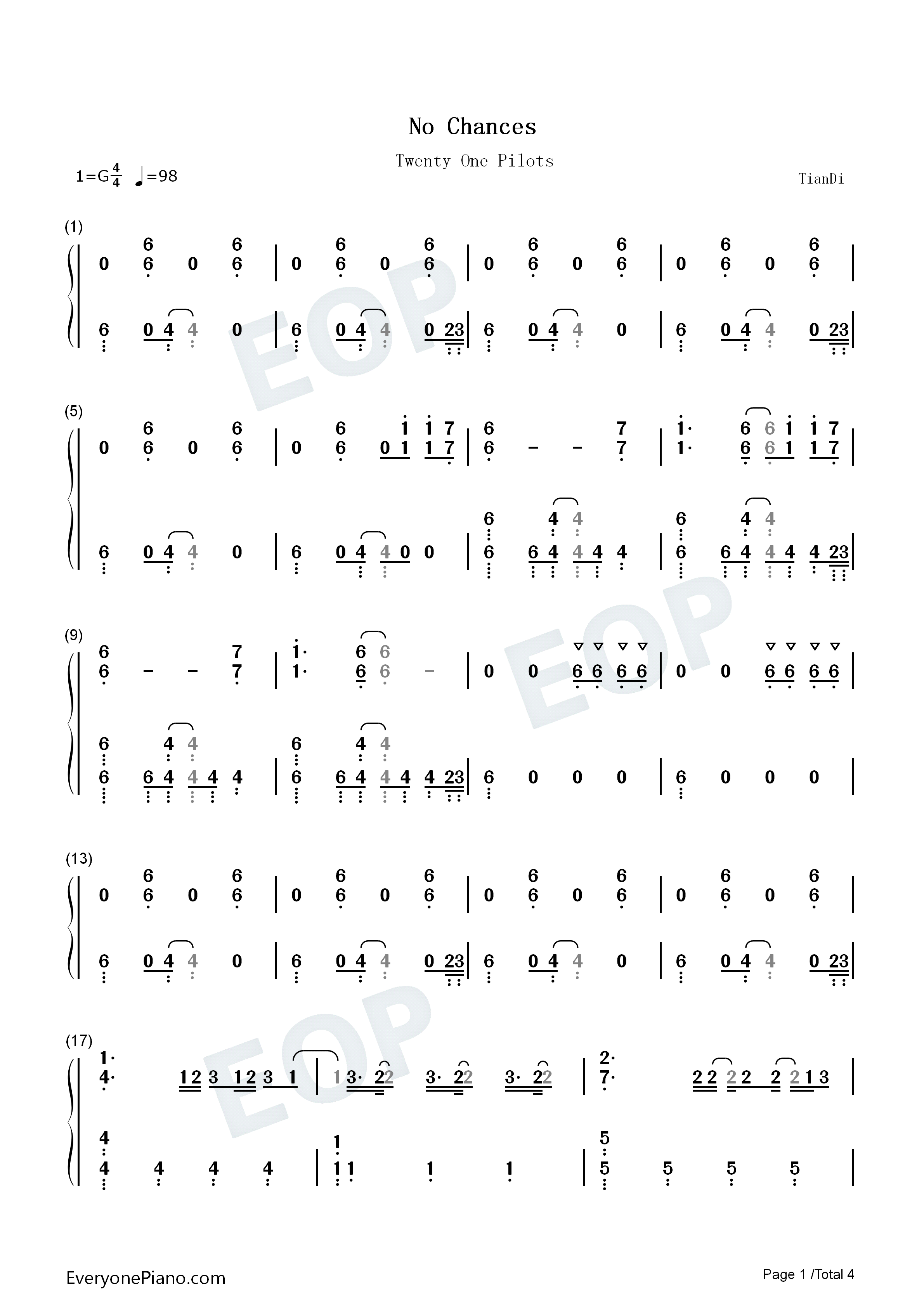 No_Chances钢琴简谱_Twenty_One_Pilots演唱