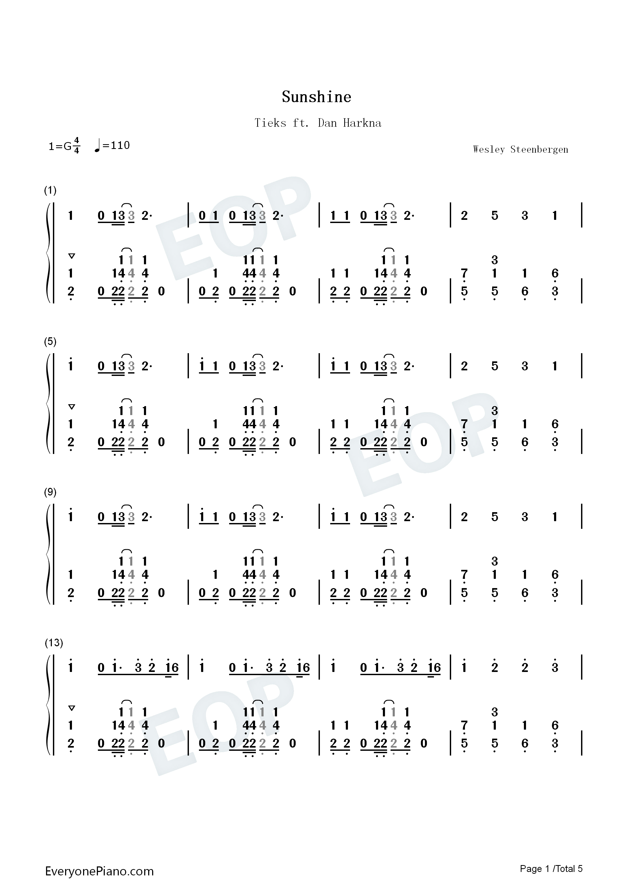 Sunshine钢琴简谱_Tieks_Dan_Harkna演唱