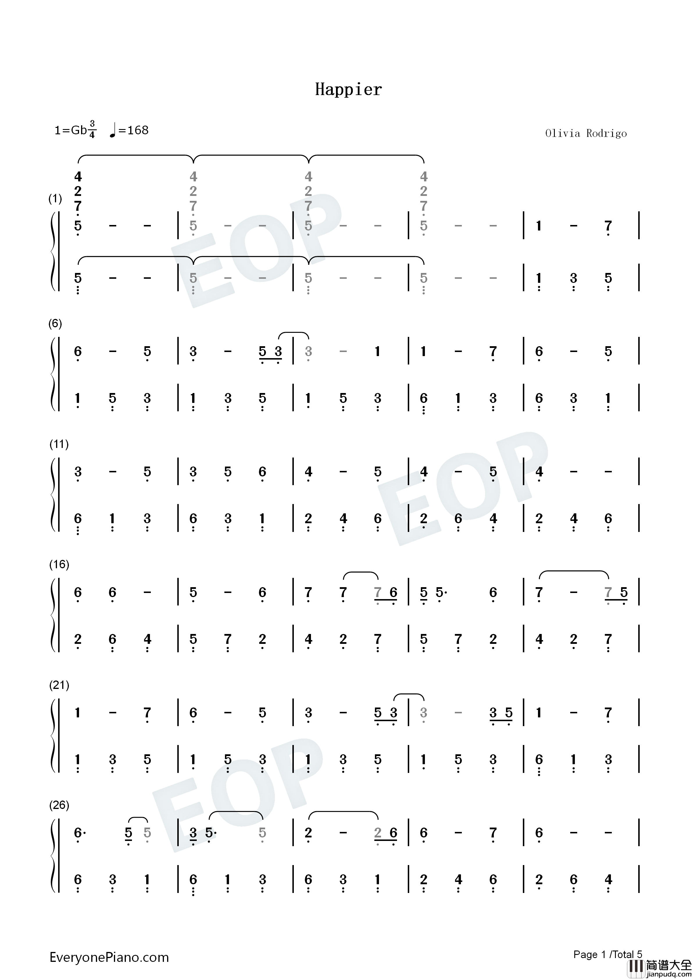 Happier钢琴简谱_Olivia_Rodrigo演唱