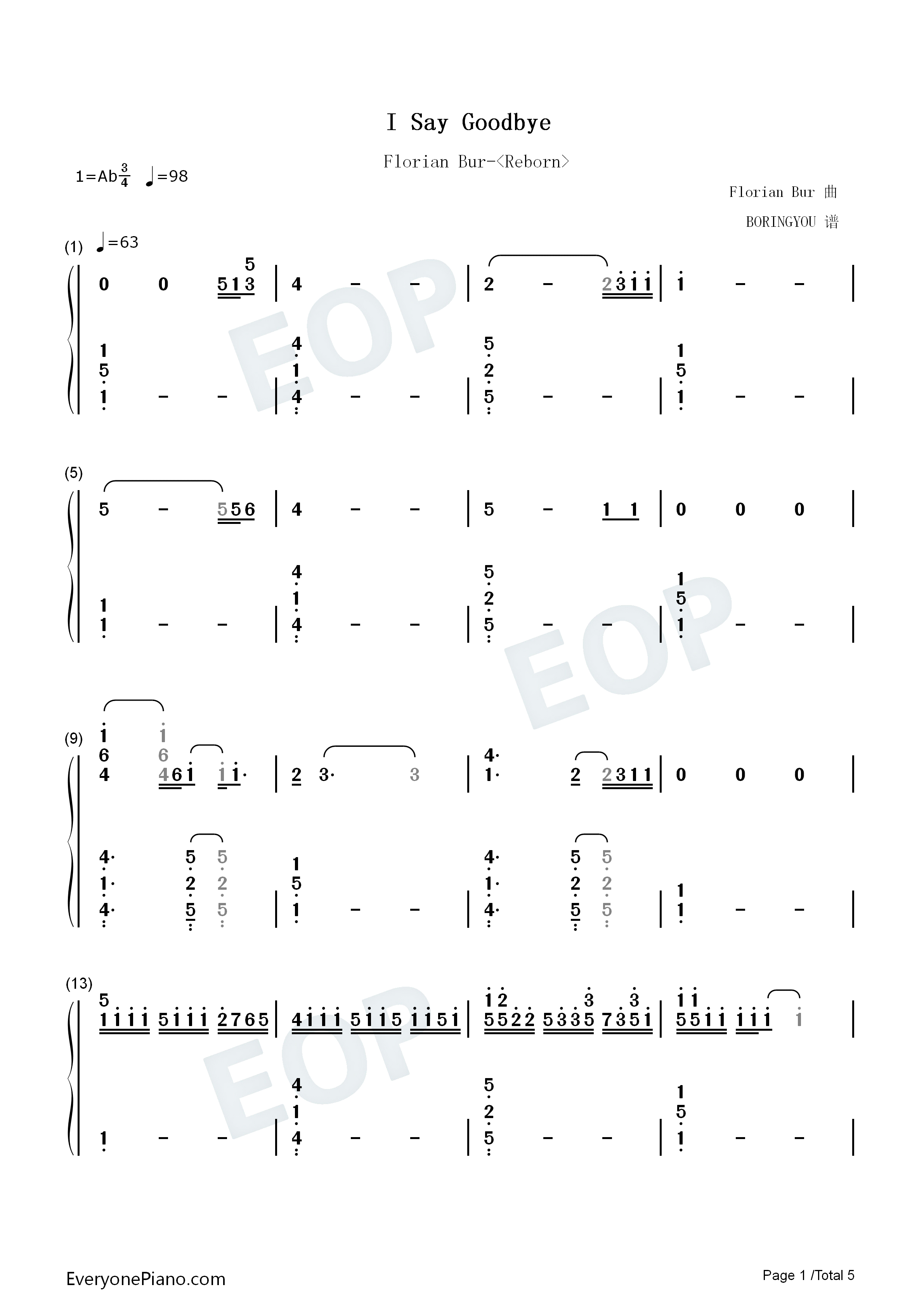 I_Say_Goodbye钢琴简谱_Florian_Bur演唱