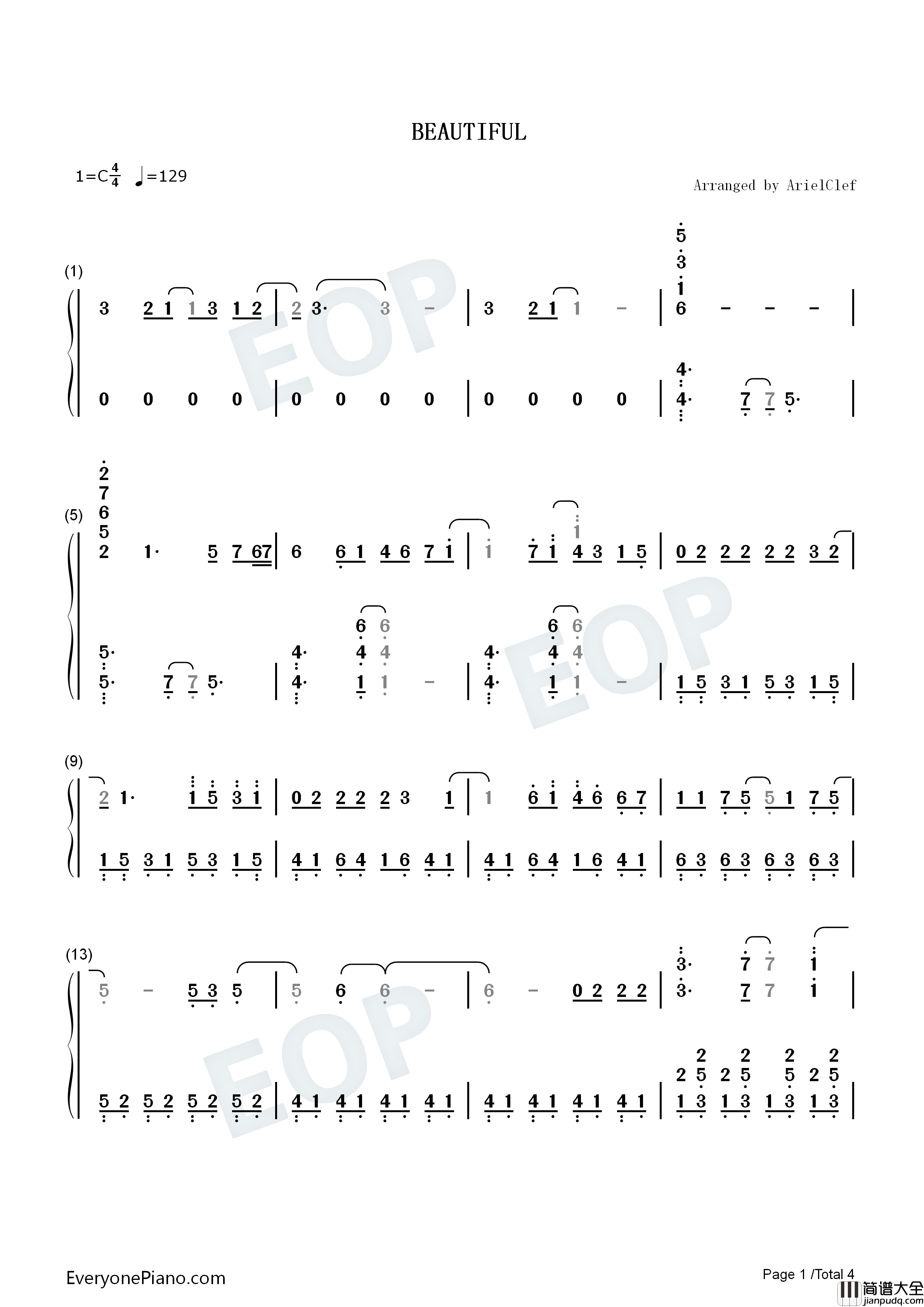 BEAUTIFUL钢琴简谱_Treasure演唱
