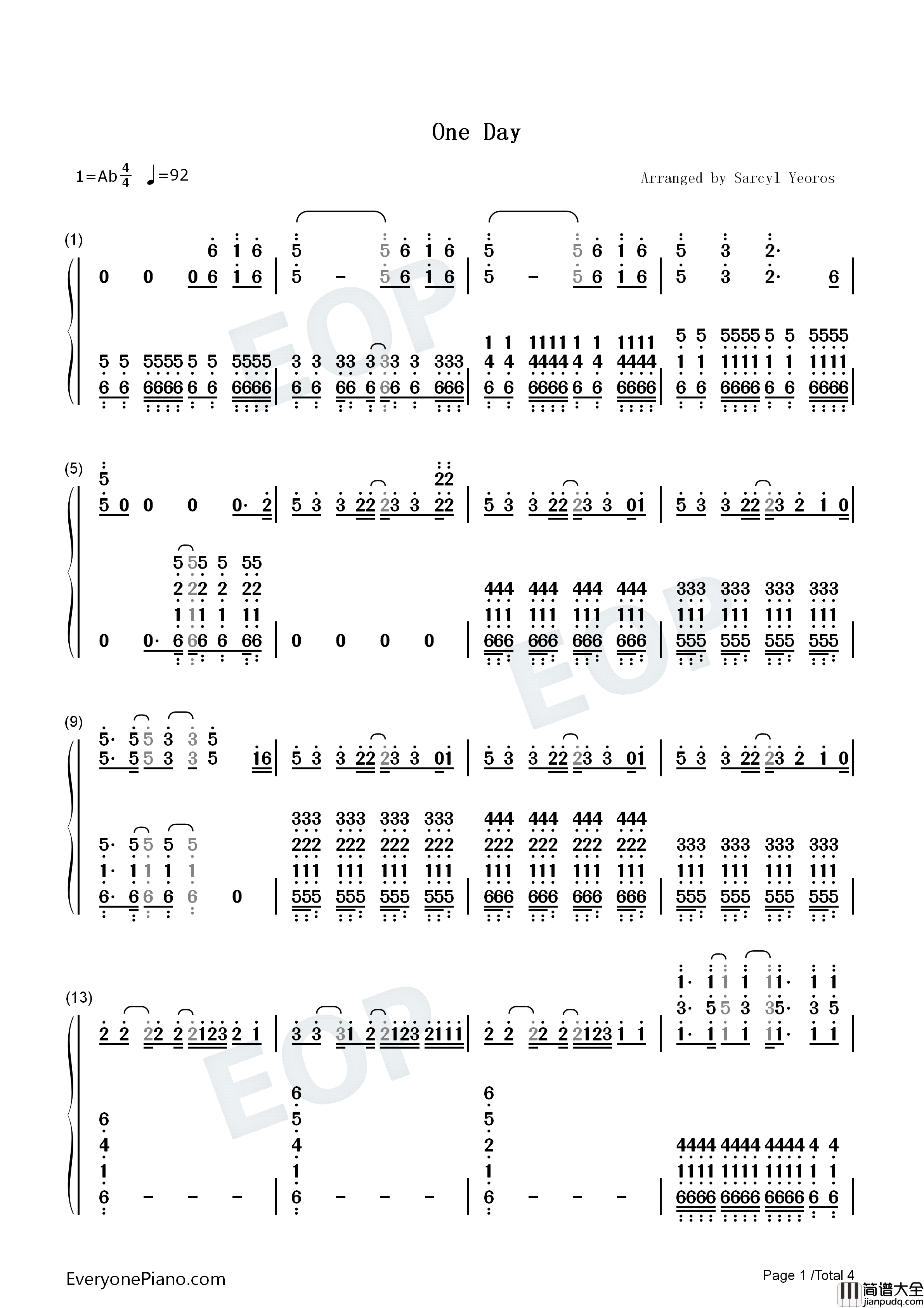 One_Day钢琴简谱_Lovejoy演唱