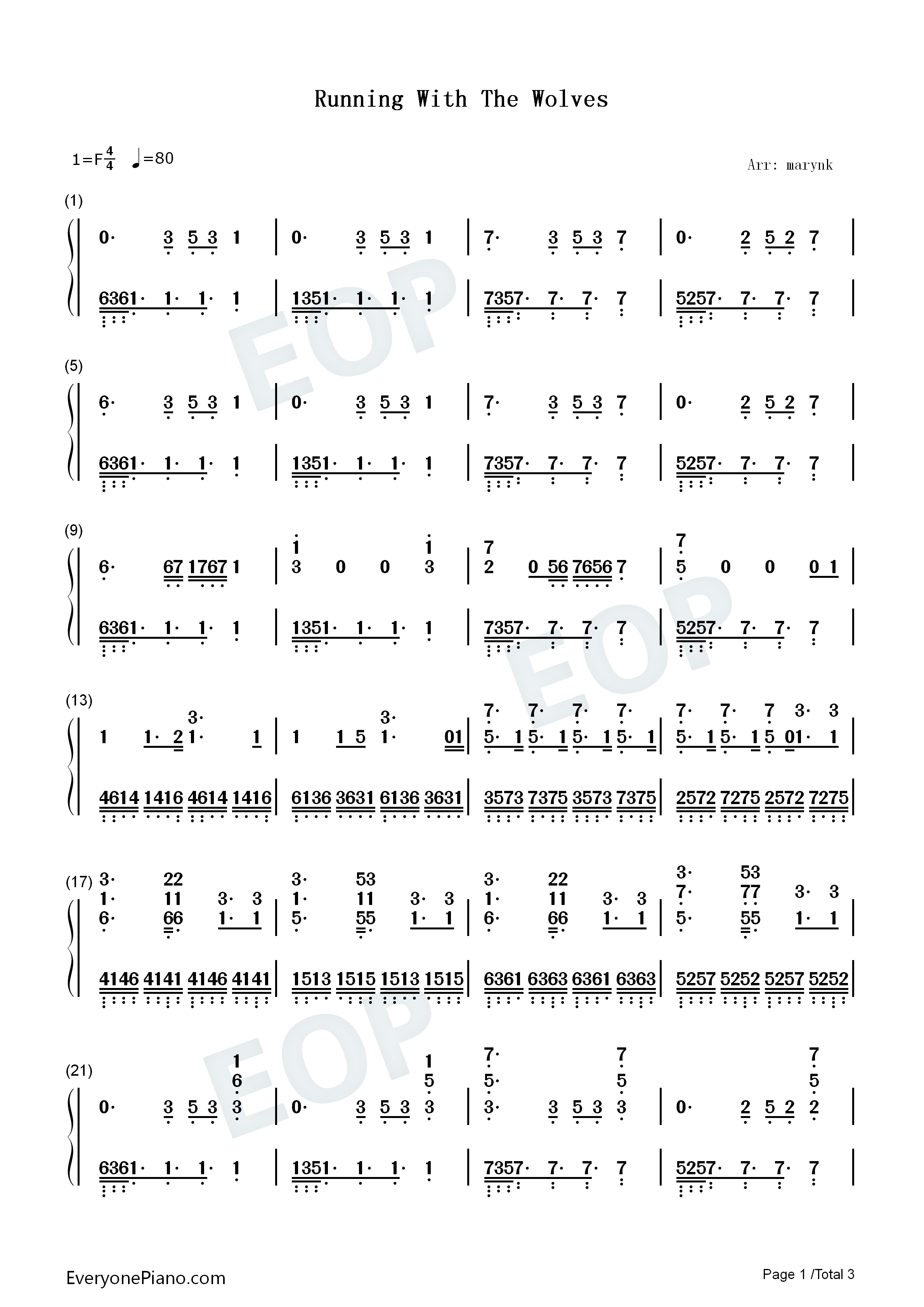 Running_with_the_Wolves钢琴简谱_Aurora演唱