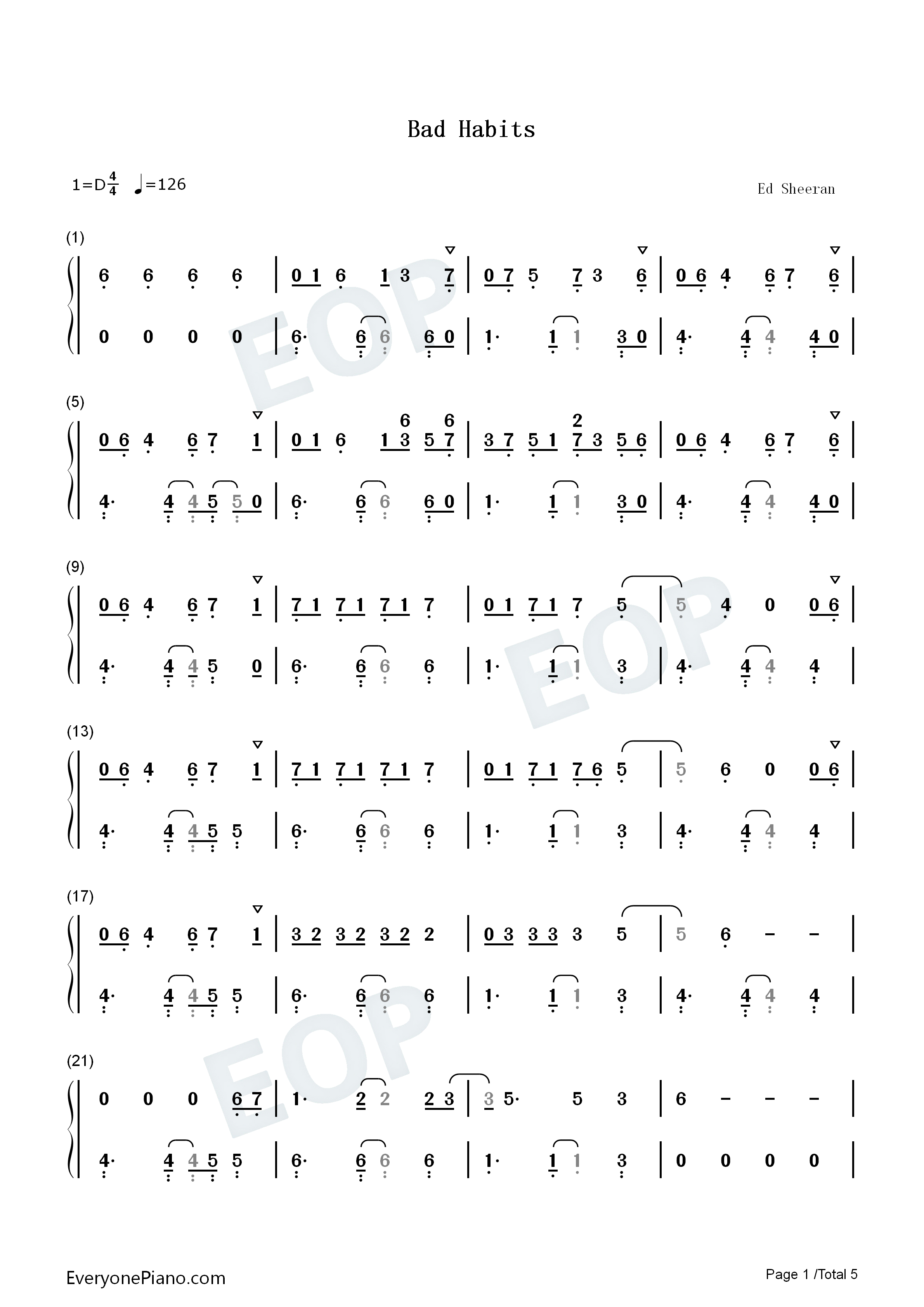 Bad_Habits钢琴简谱_Ed_Sheeran演唱