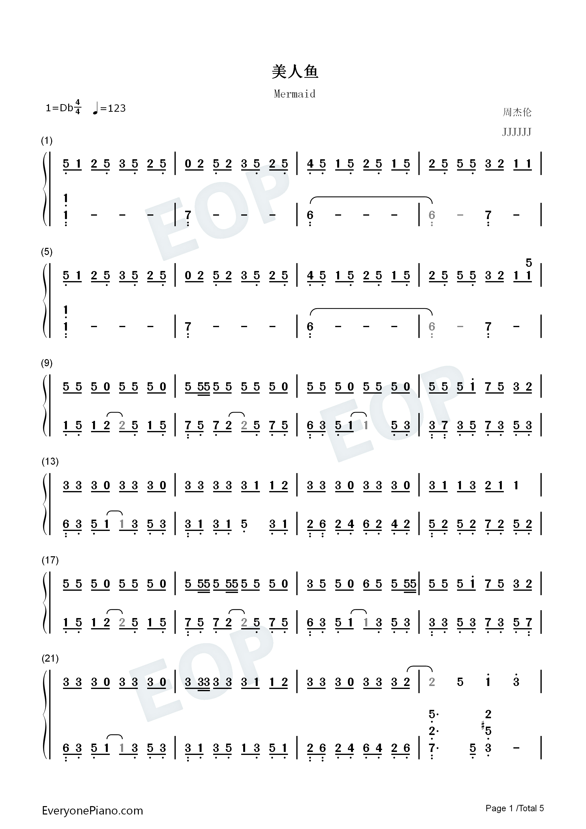 美人鱼钢琴简谱_周杰伦演唱