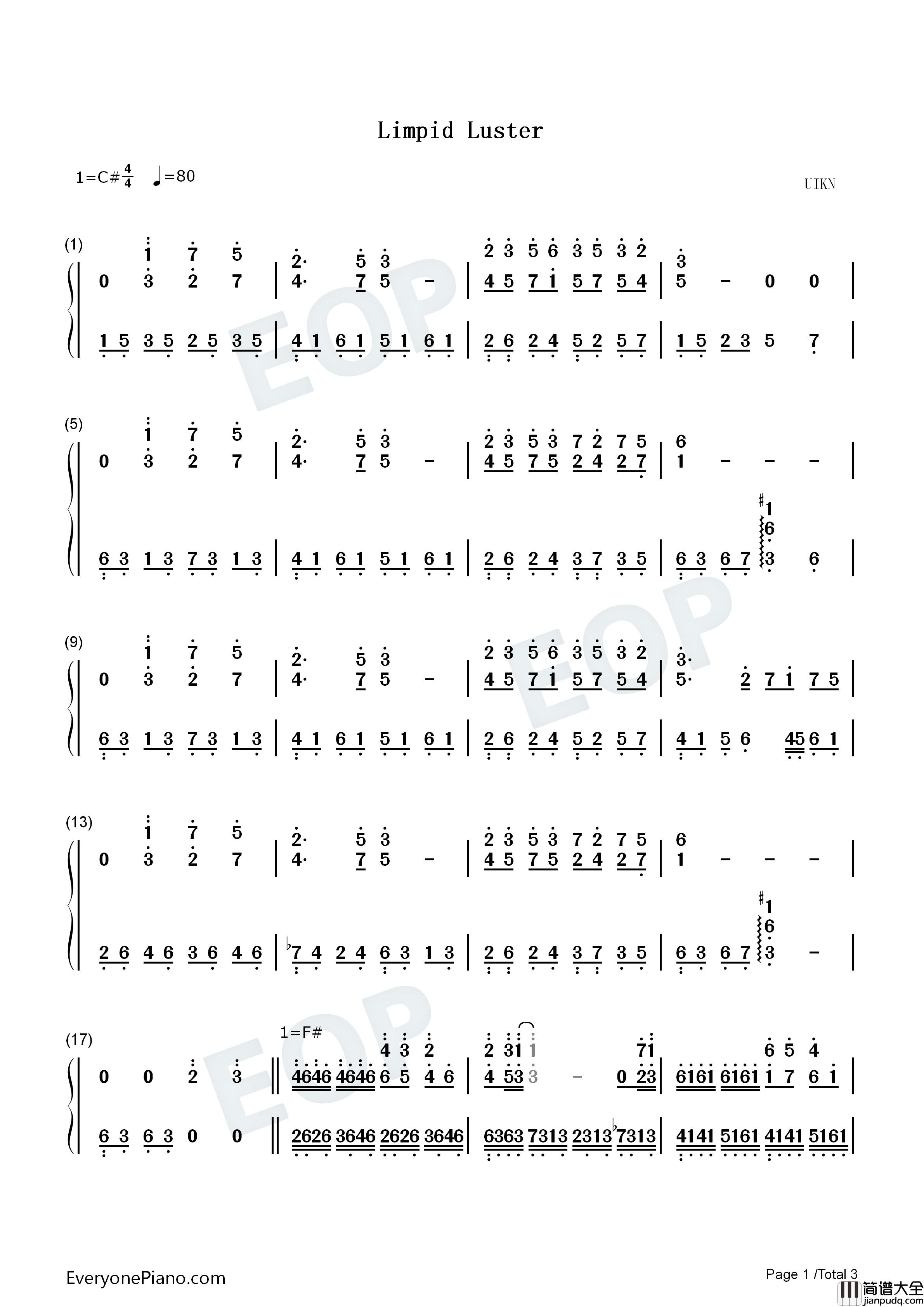 Limpid_Luster钢琴简谱_小池雅人演唱
