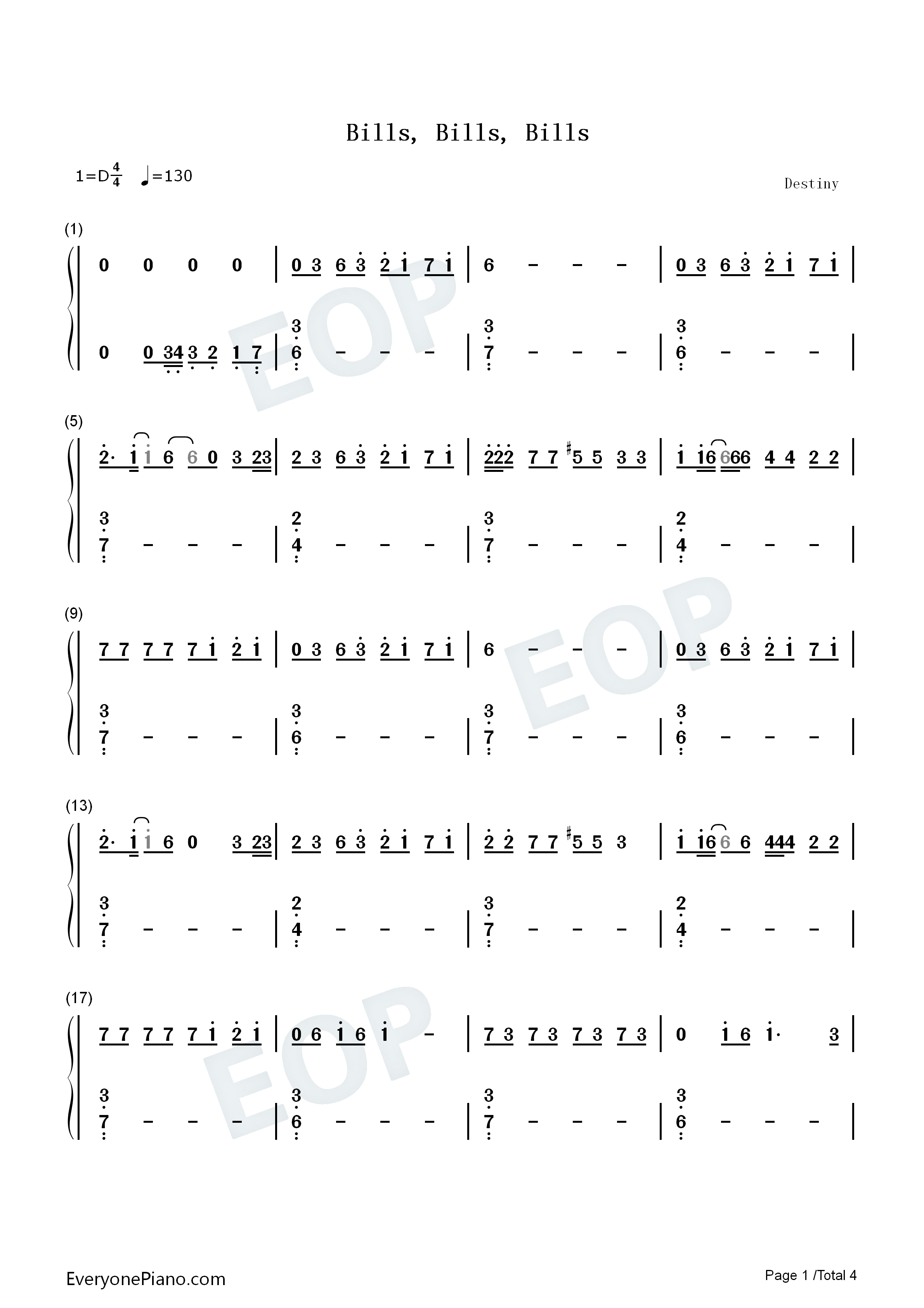 Bills_Bills_Bills钢琴简谱_Destiny's_Child演唱
