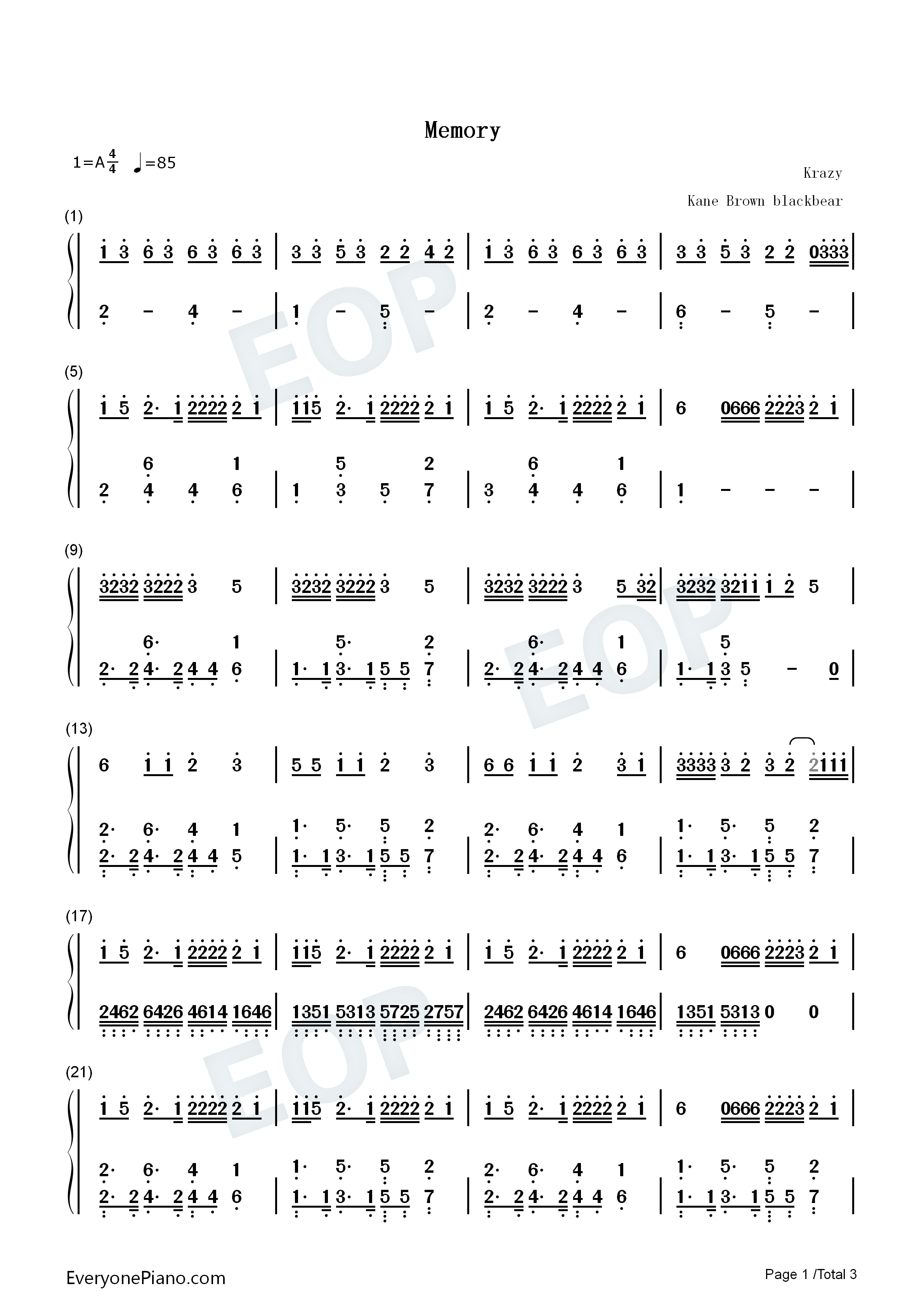 Memory钢琴简谱_Kane_Brown_Blackbear演唱