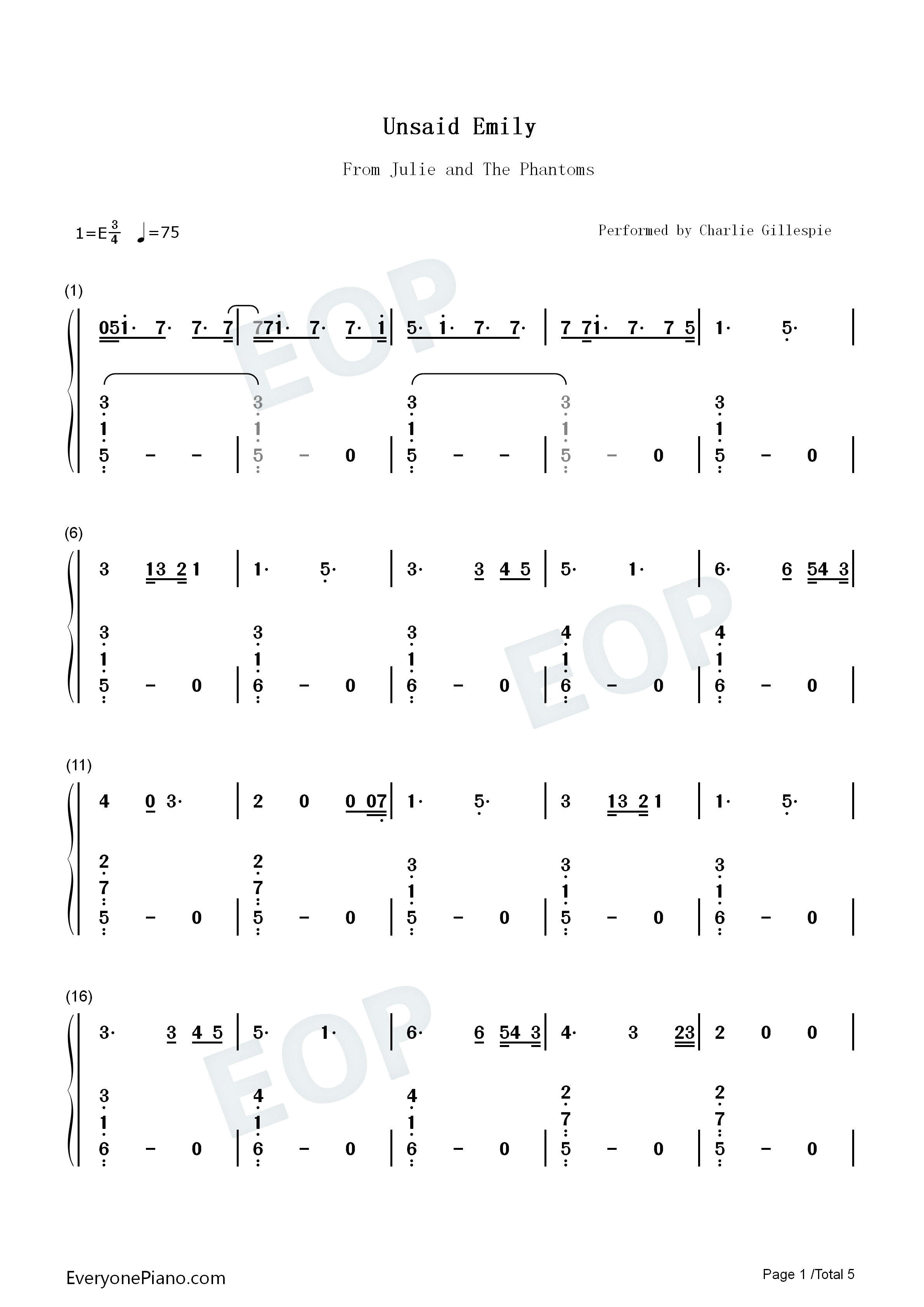 Unsaid_Emily钢琴简谱_David_Lawrence演唱