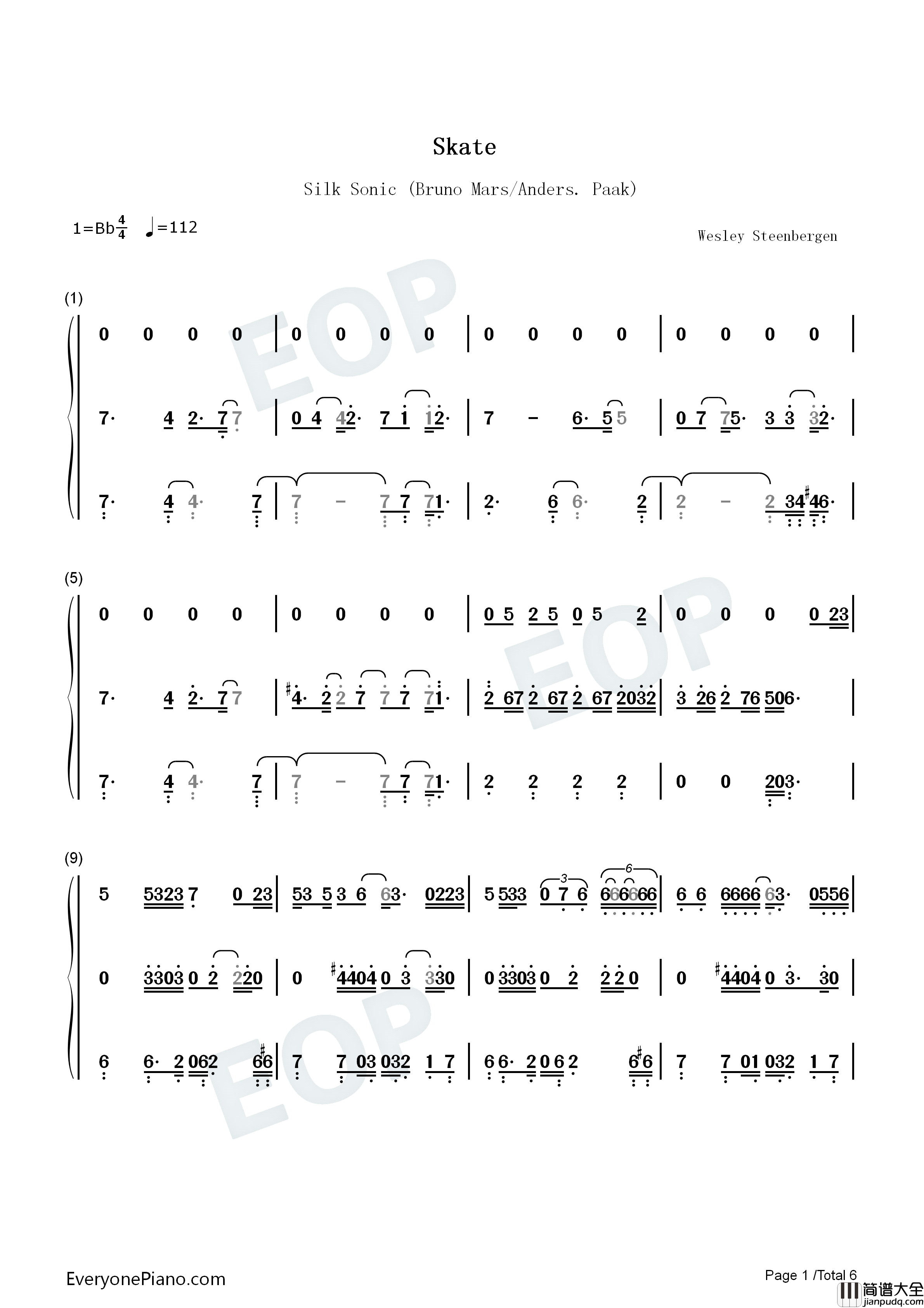 Skate钢琴简谱_Bruno_Mars_Anderson_Paak_Silk_Sonic演唱