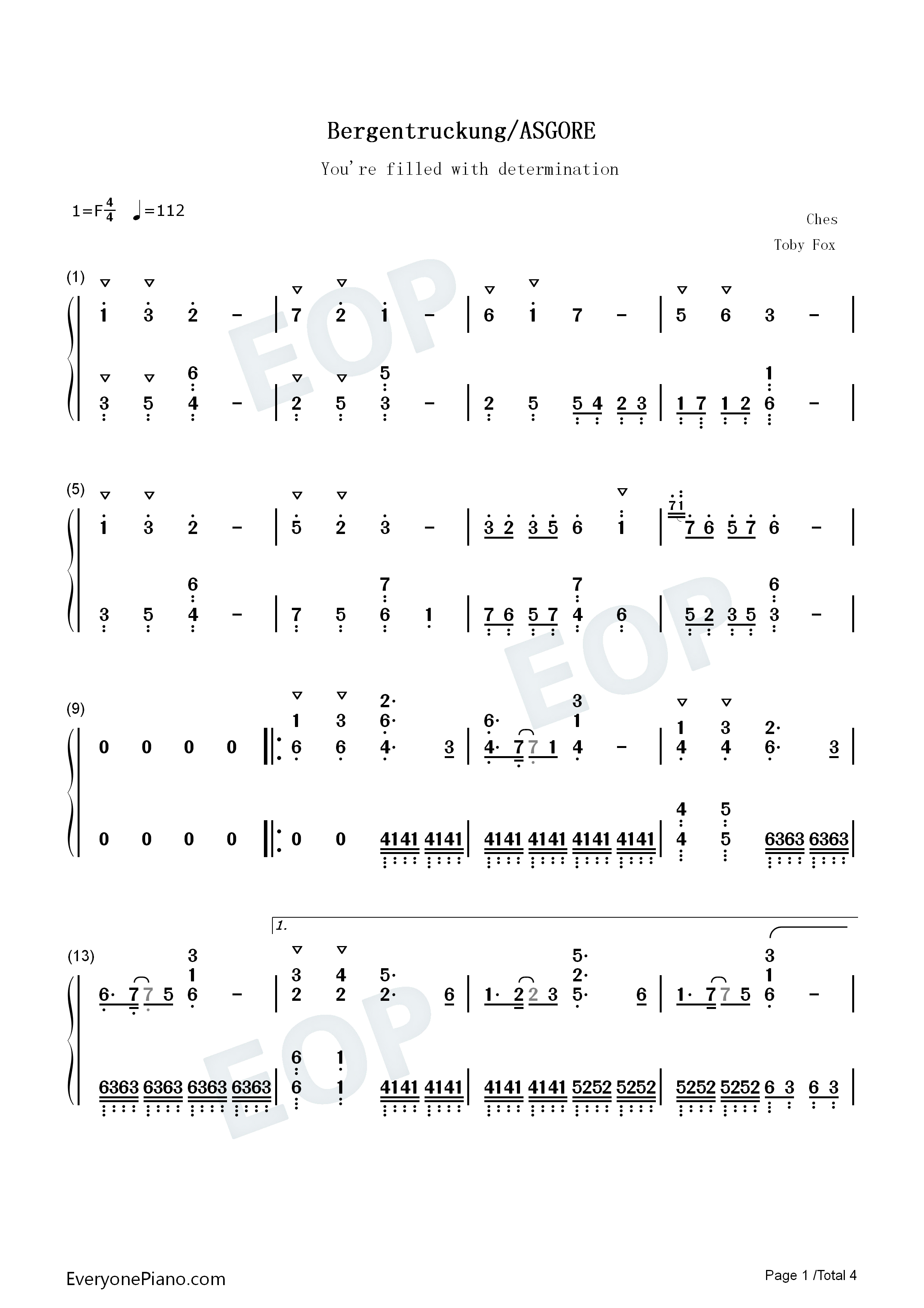 Bergentrückung钢琴简谱_Toby_Fox演唱