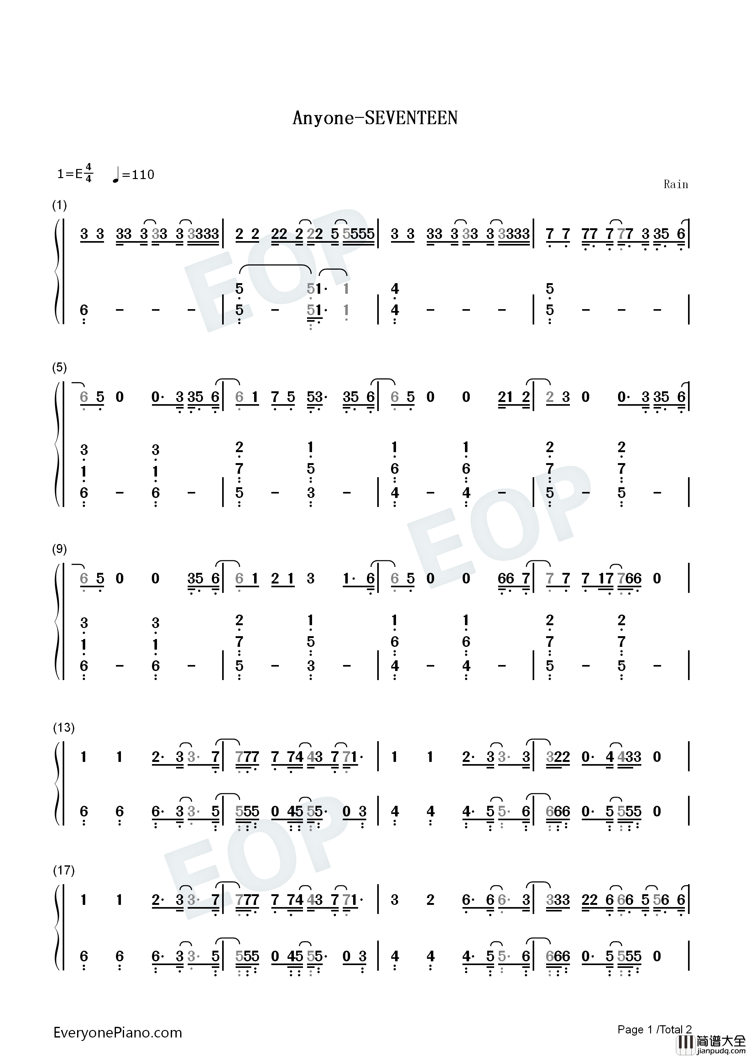 Anyone钢琴简谱_Seventeen演唱