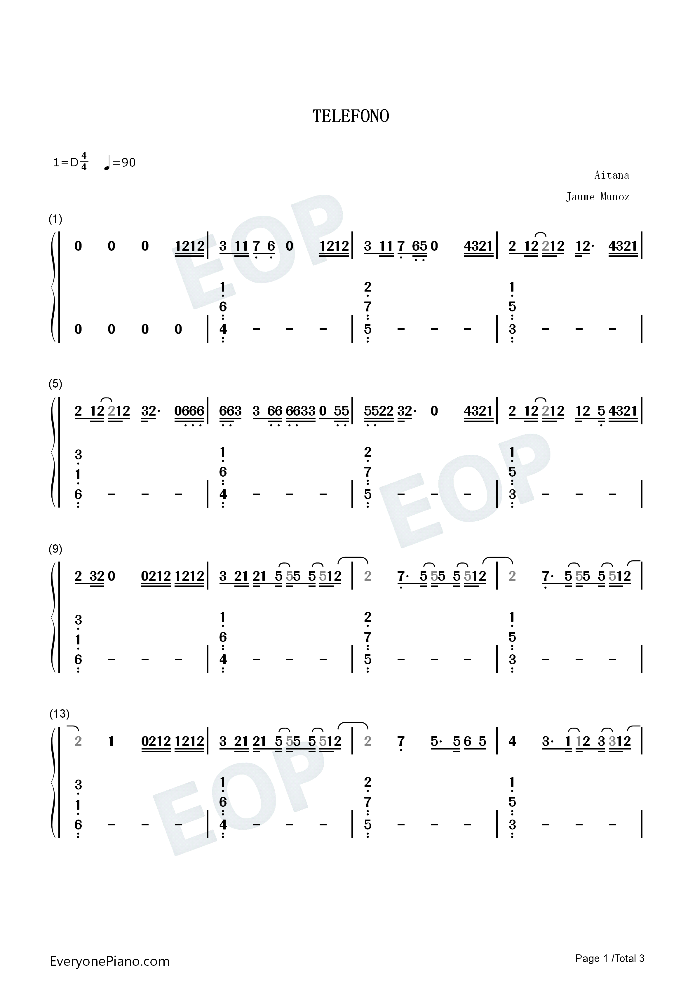 Teléfono钢琴简谱_Aitana演唱