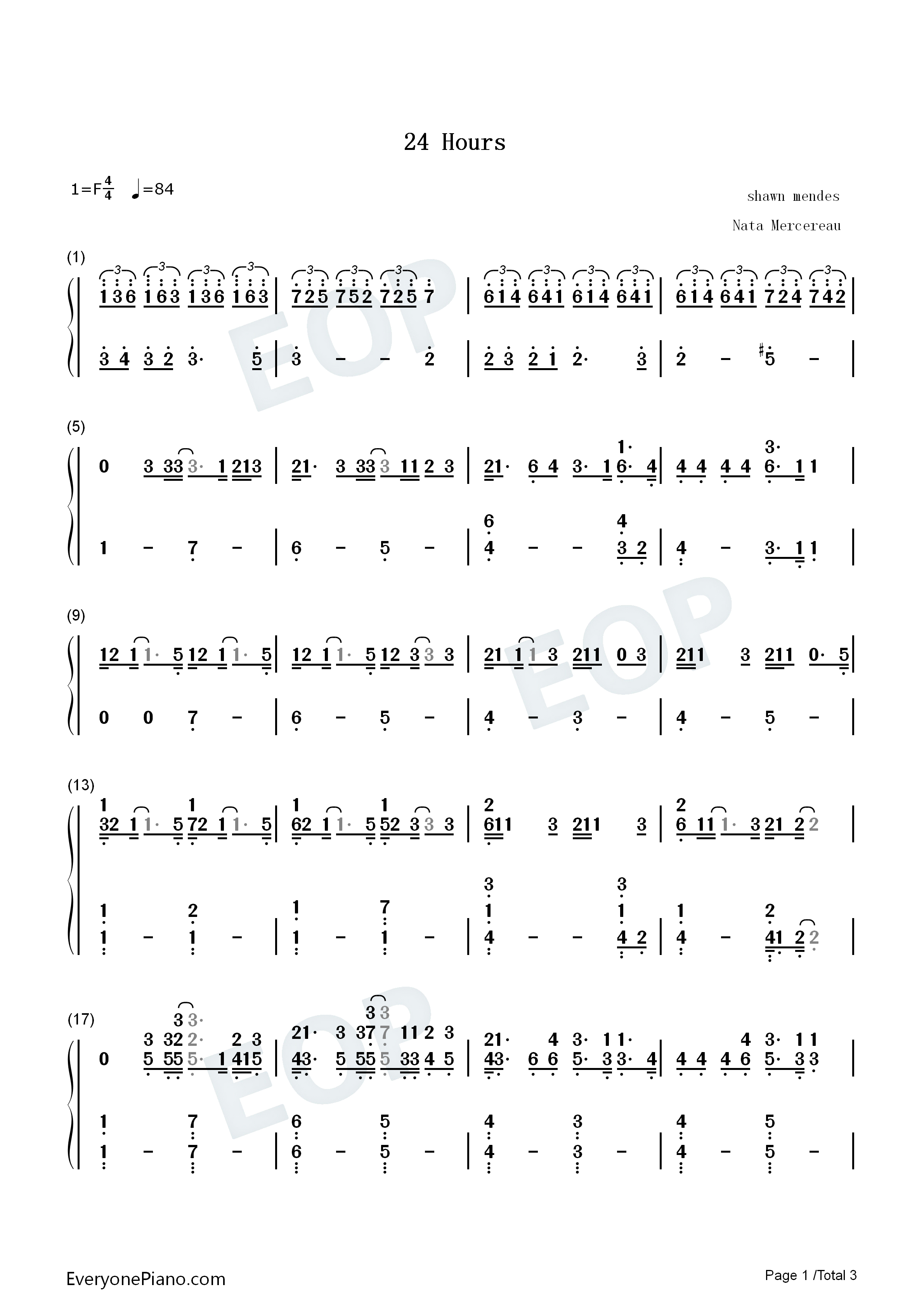 24_Hours钢琴简谱_Shawn_Mendes演唱