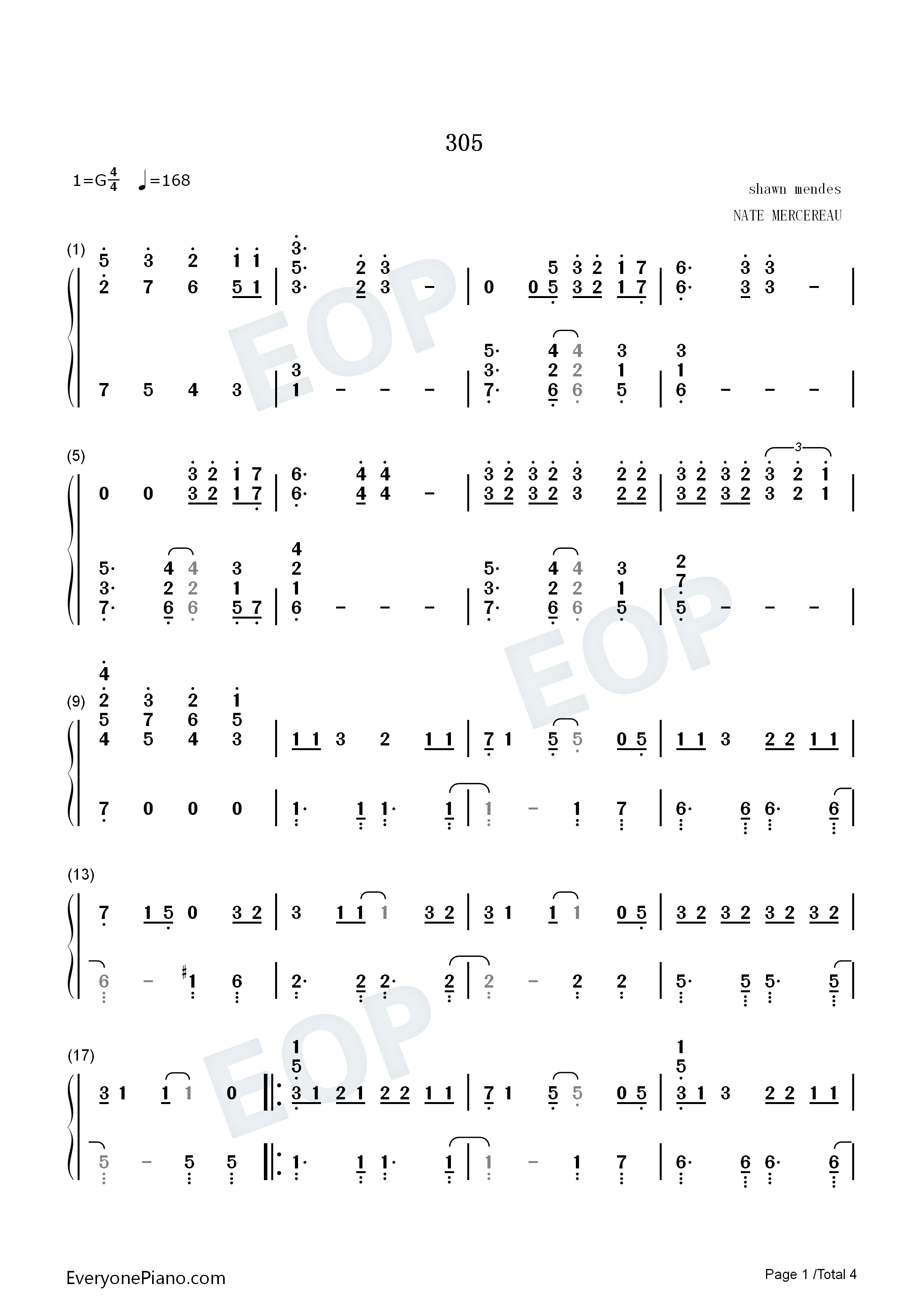 305钢琴简谱_Shawn_Mendes演唱