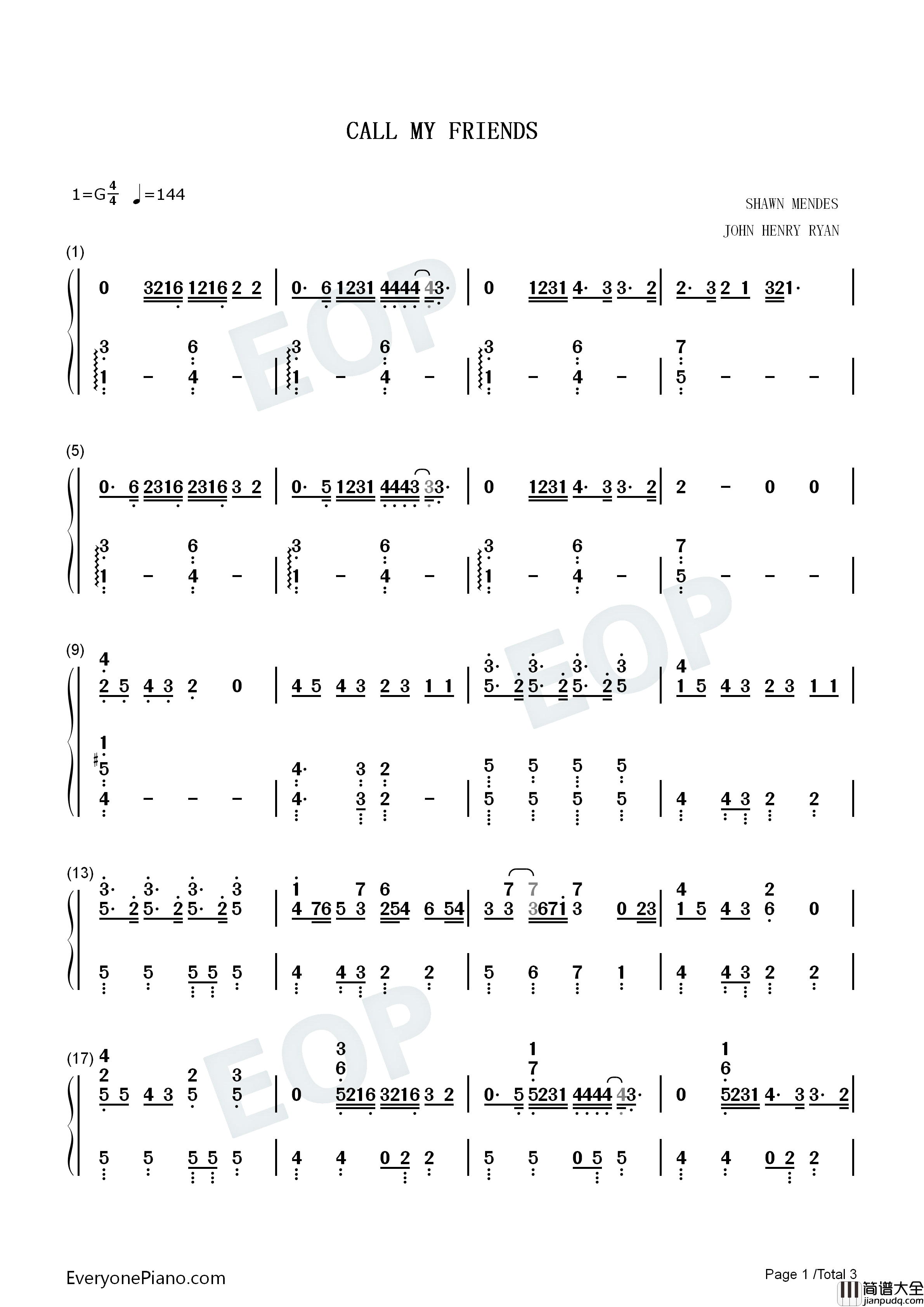Call_My_Friends钢琴简谱_Shawn_Mendes演唱