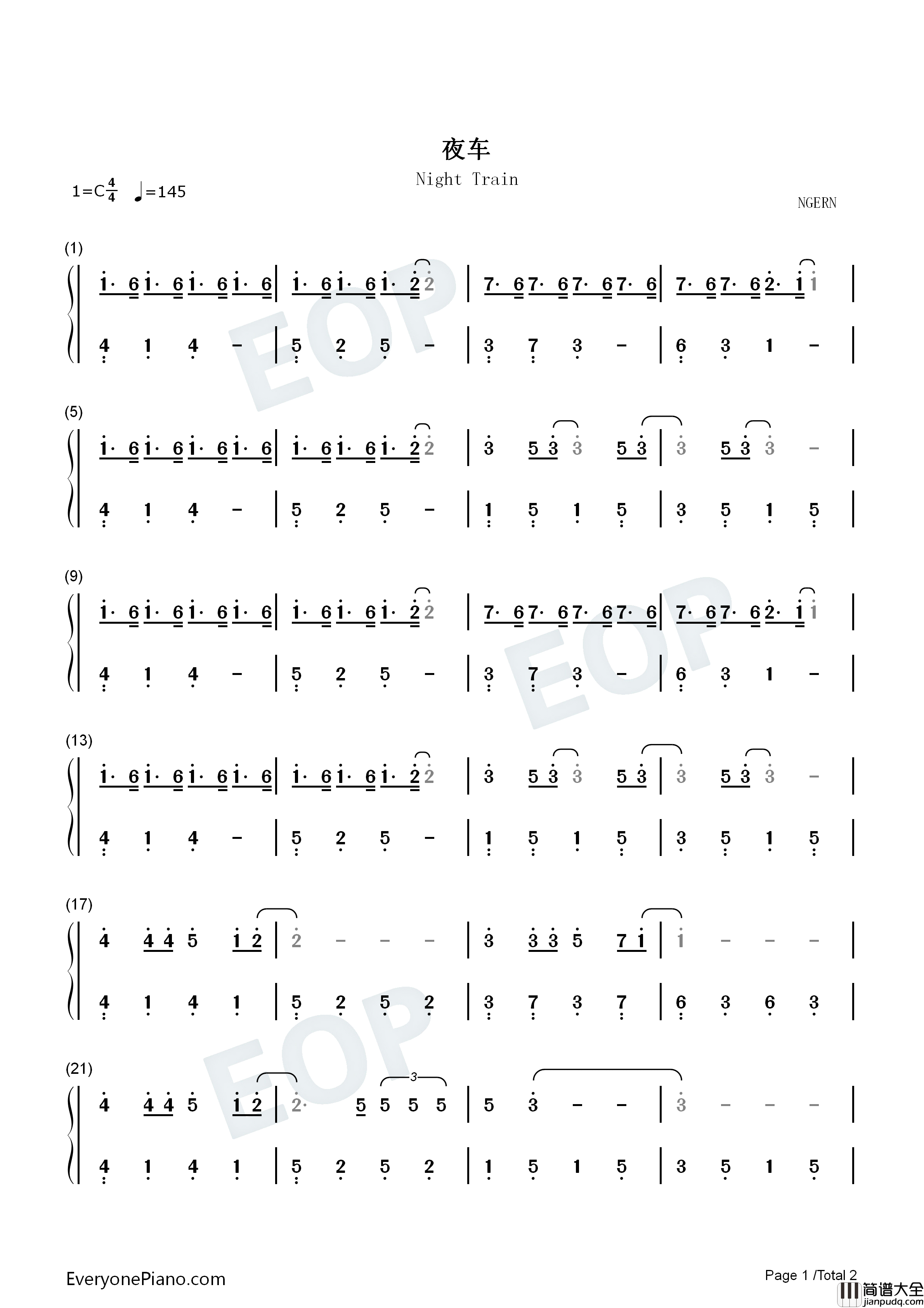 夜车钢琴简谱_曾轶可演唱