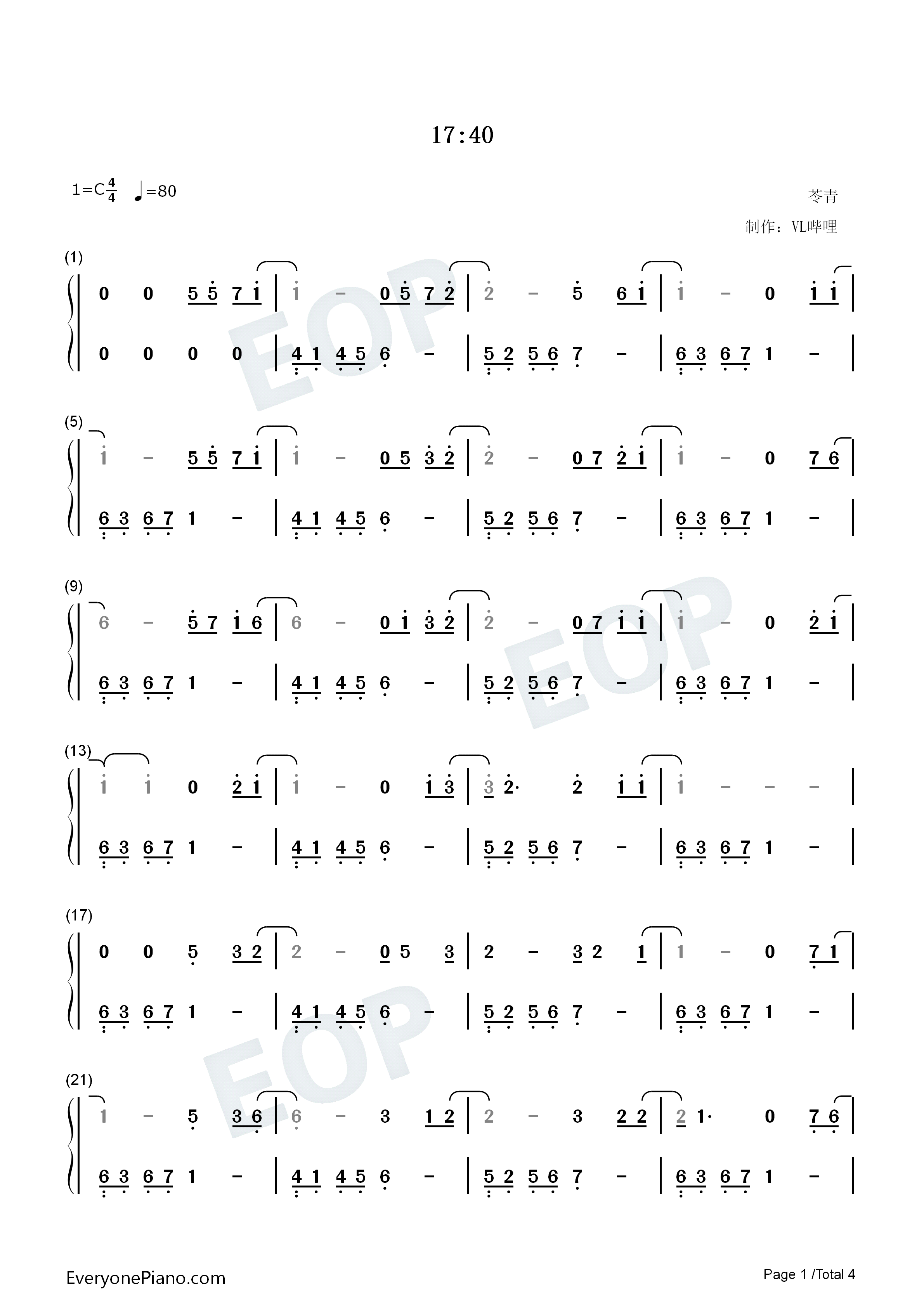 17_40钢琴简谱_AniFace演唱
