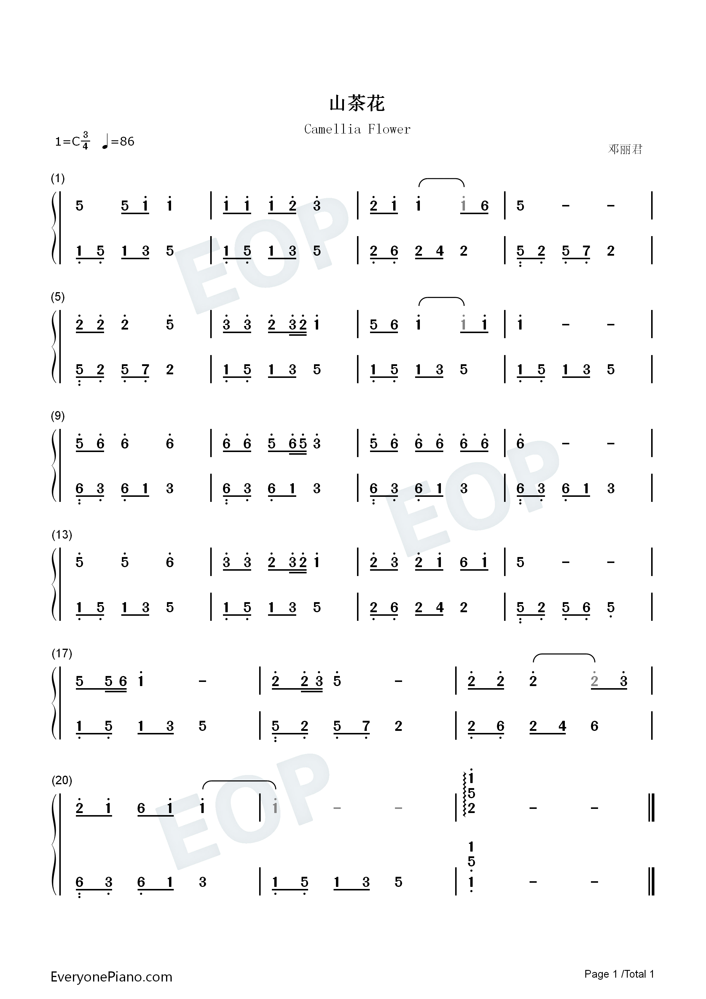 山茶花钢琴简谱_邓丽君演唱