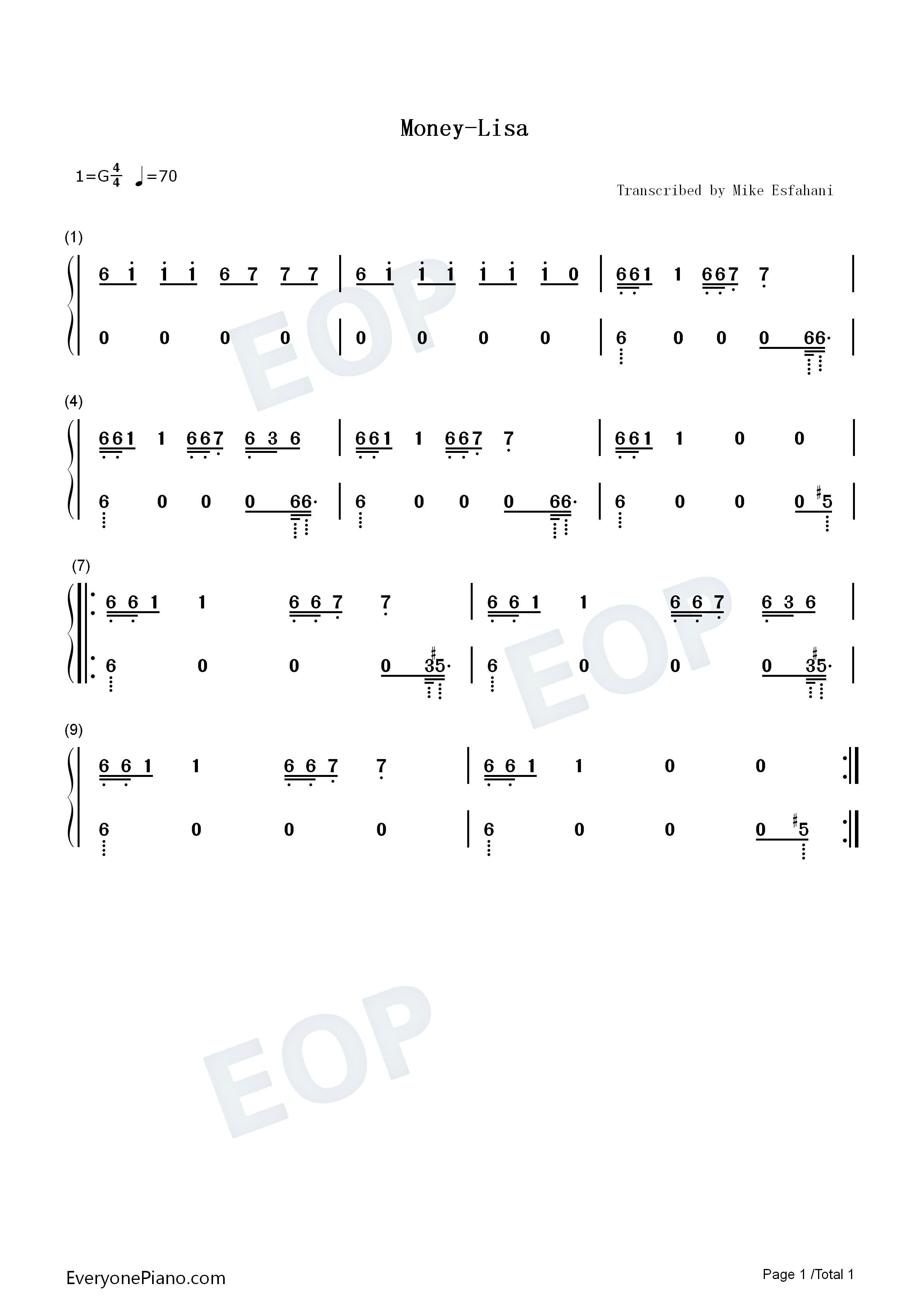 Money钢琴简谱_Lisa演唱