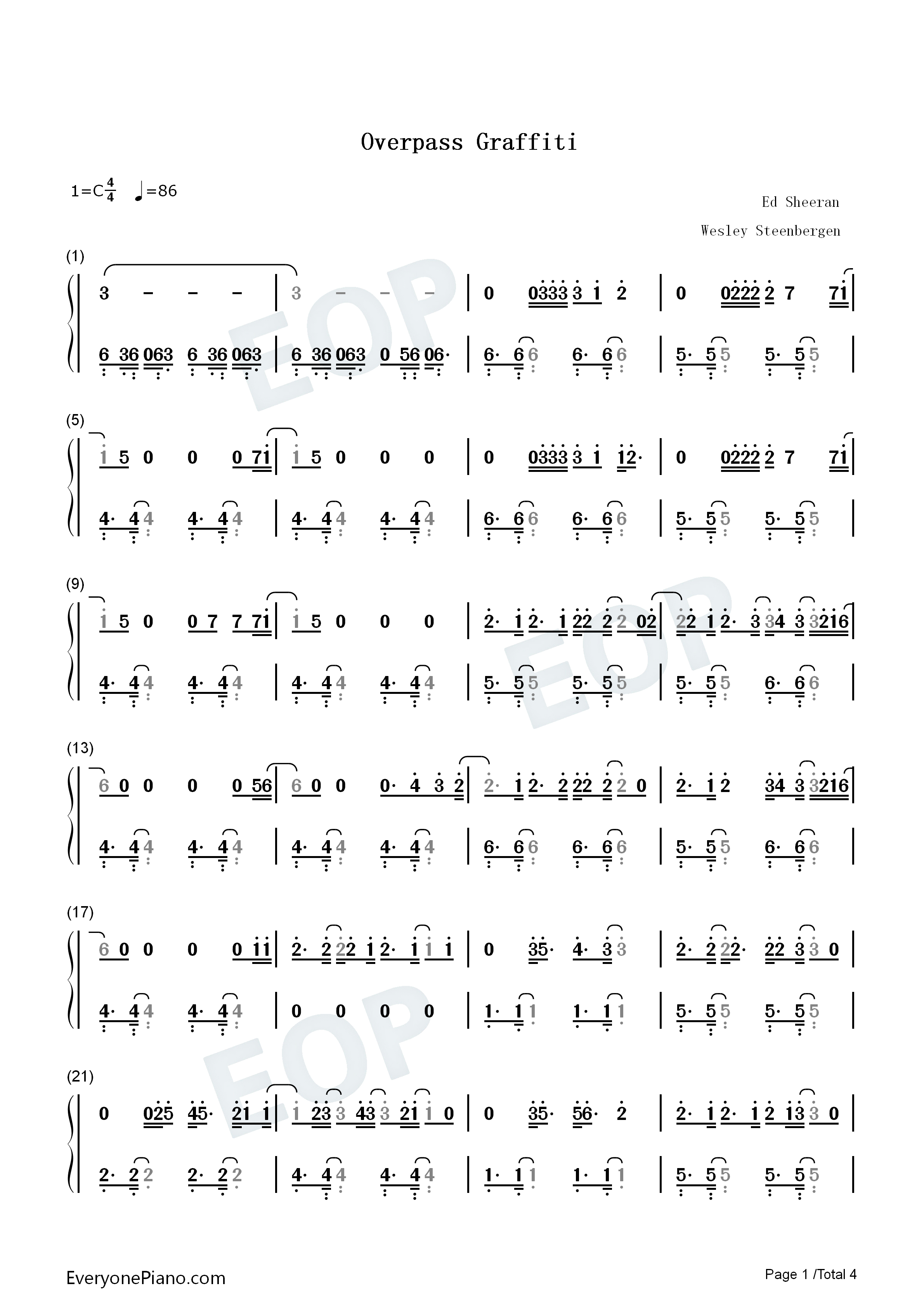 Overpass_Graffiti钢琴简谱_Ed_Sheeran演唱