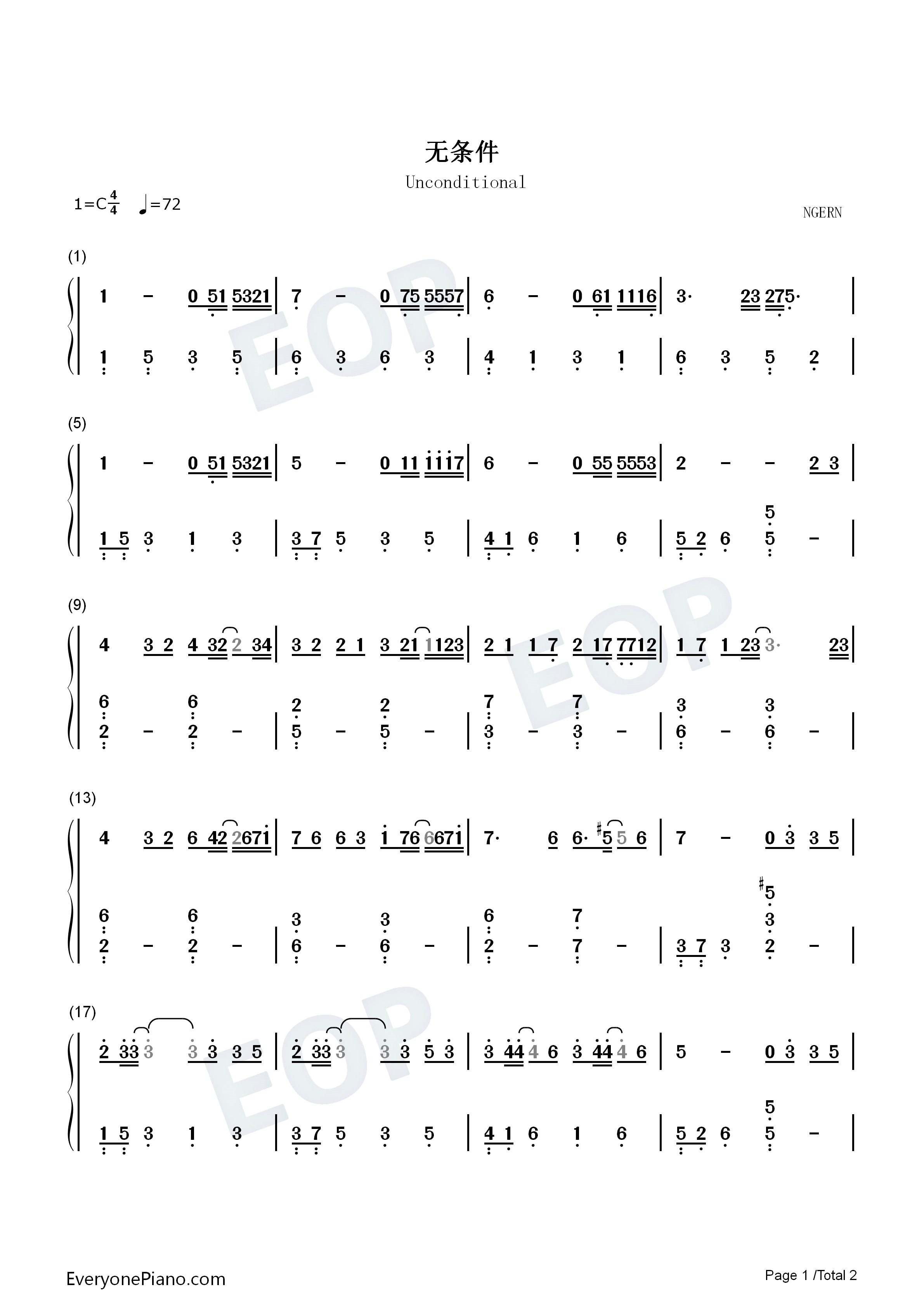 无条件钢琴简谱_陈奕迅演唱