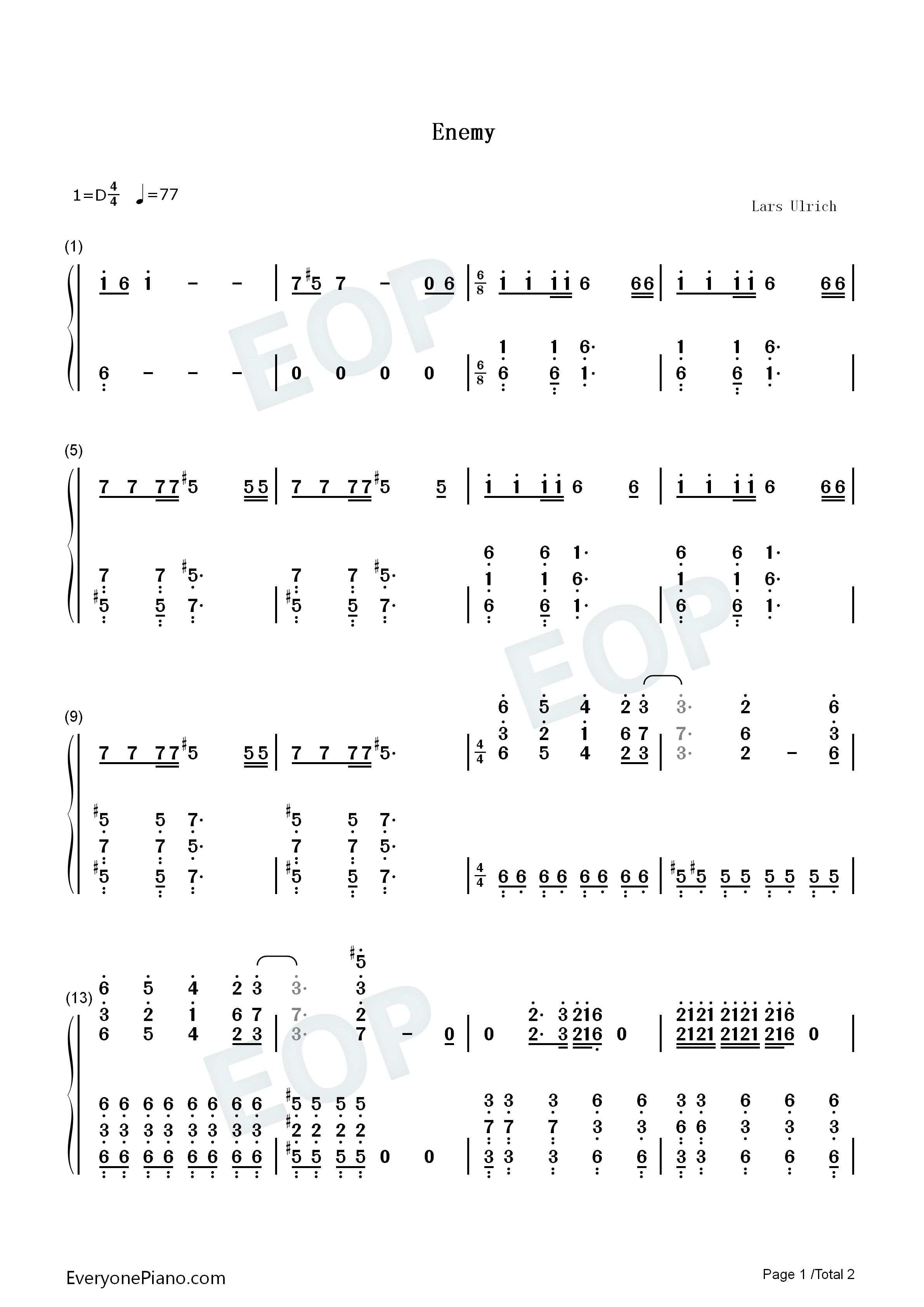 Enemy钢琴简谱_Imagine_Dragons_JID演唱