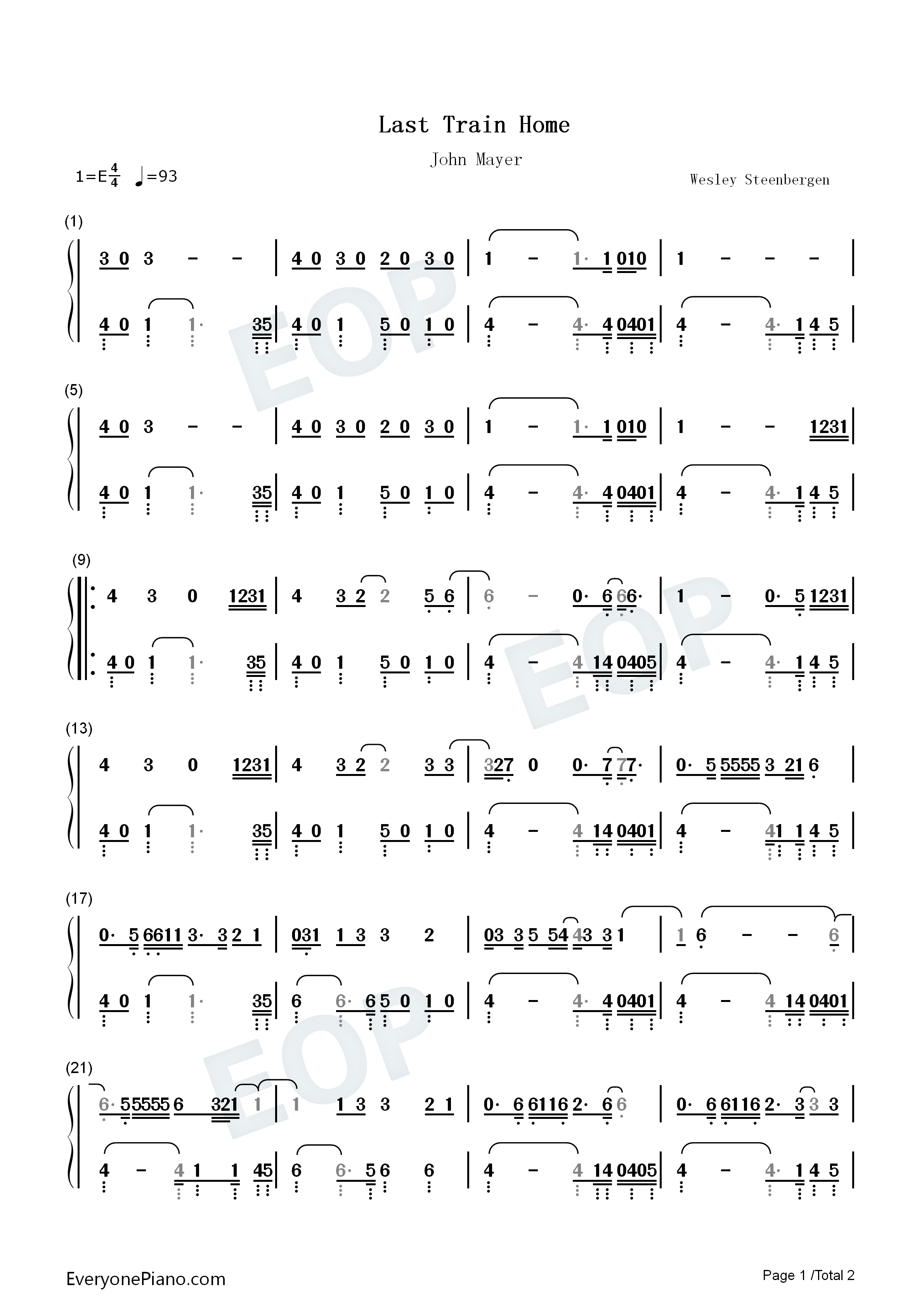 Last_Train_Home钢琴简谱_John_Mayer_Maren_Morris演唱