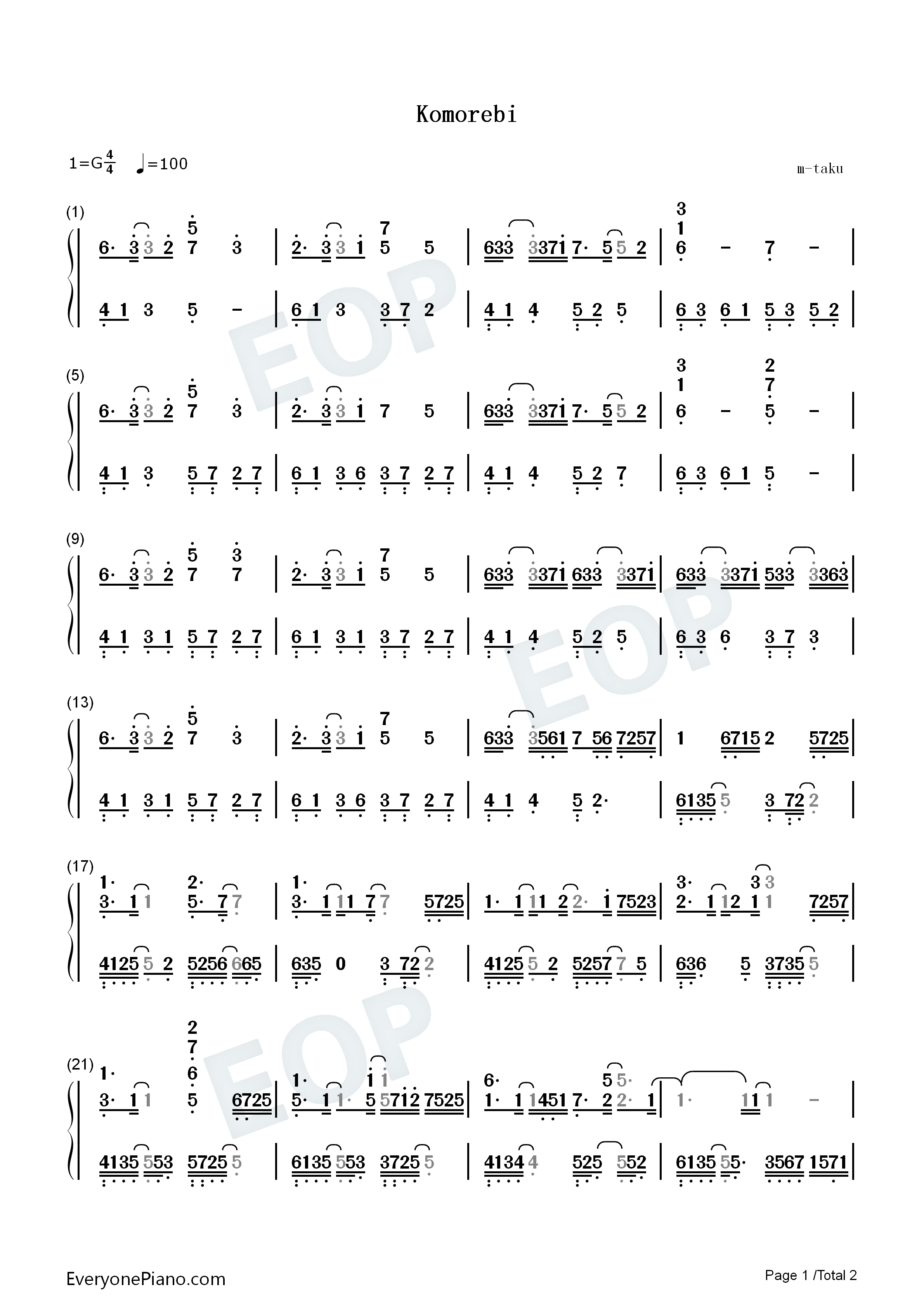 Komorebi钢琴简谱_m_taku演唱