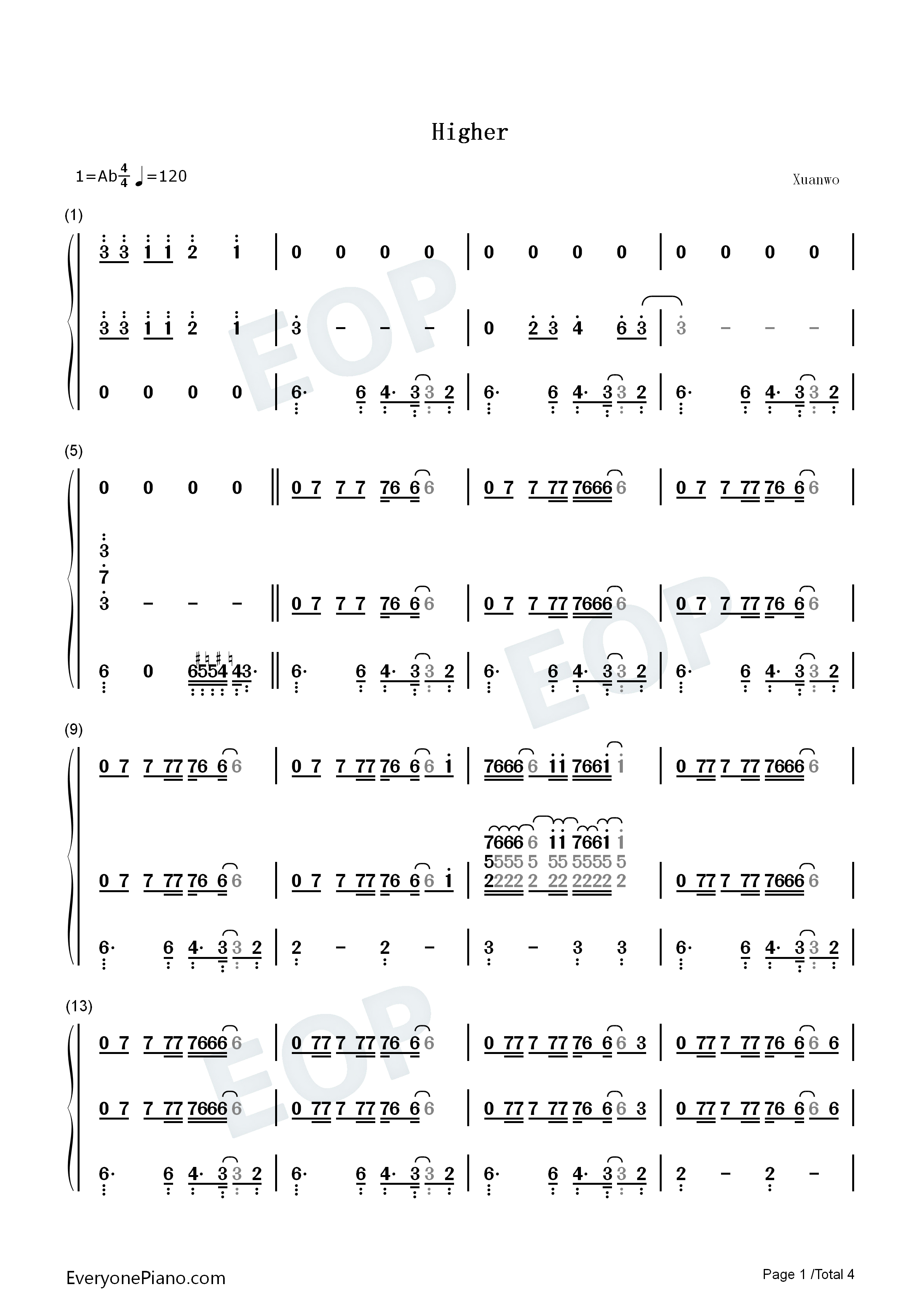 Higher钢琴简谱_Shawn_Mendes演唱