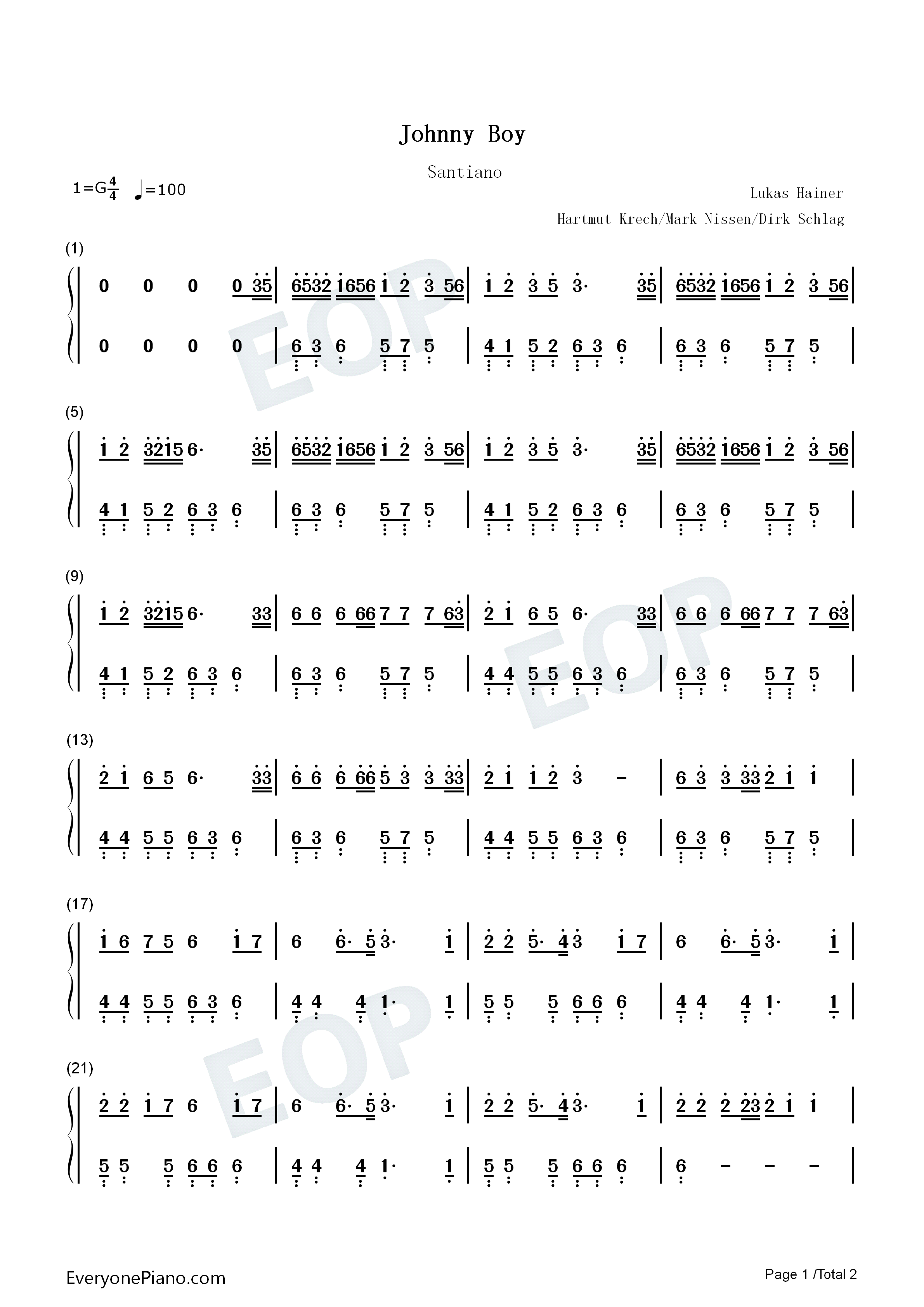 Johnny_Boy钢琴简谱_Santiano演唱