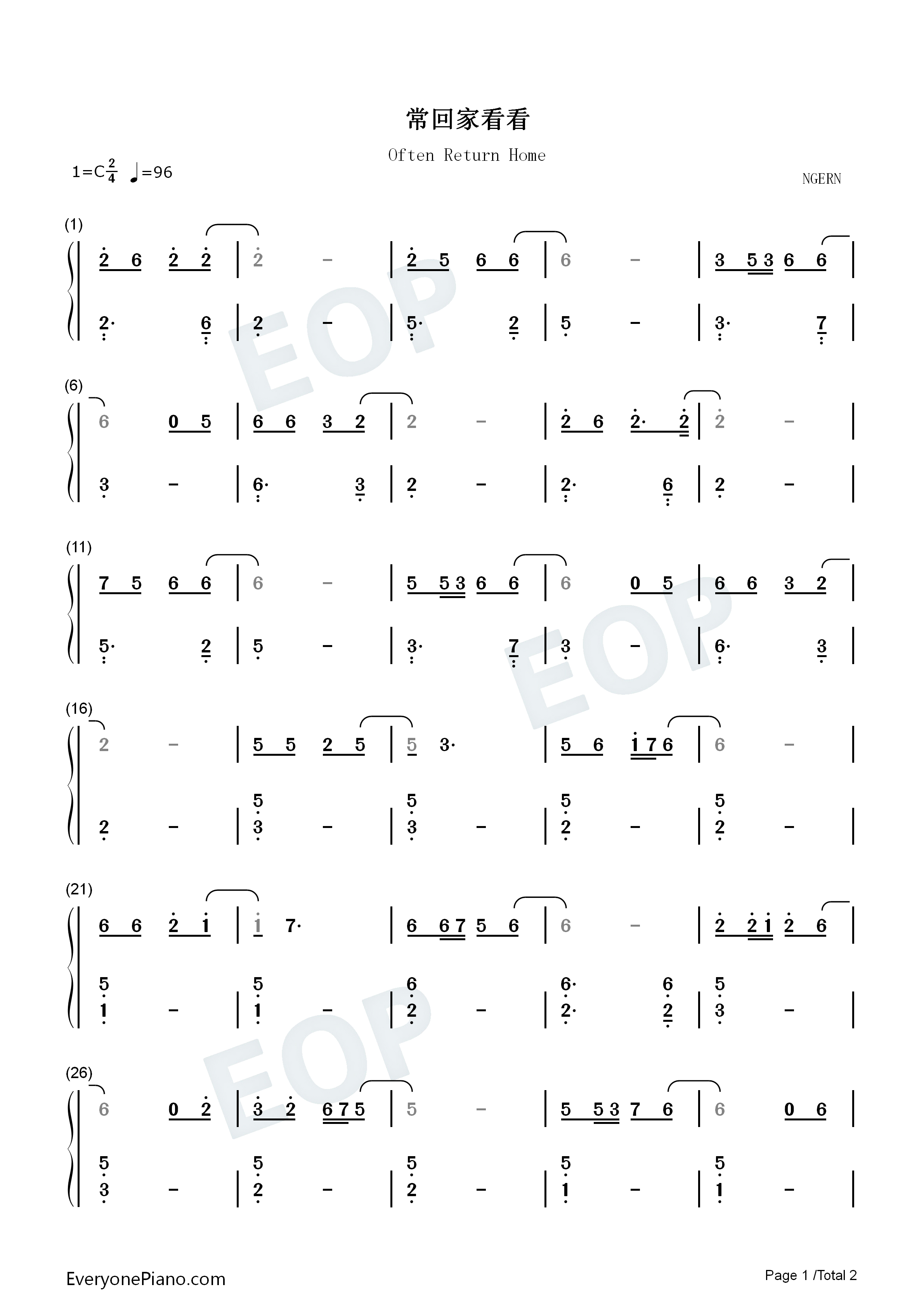 常回家看看钢琴简谱_陈红演唱