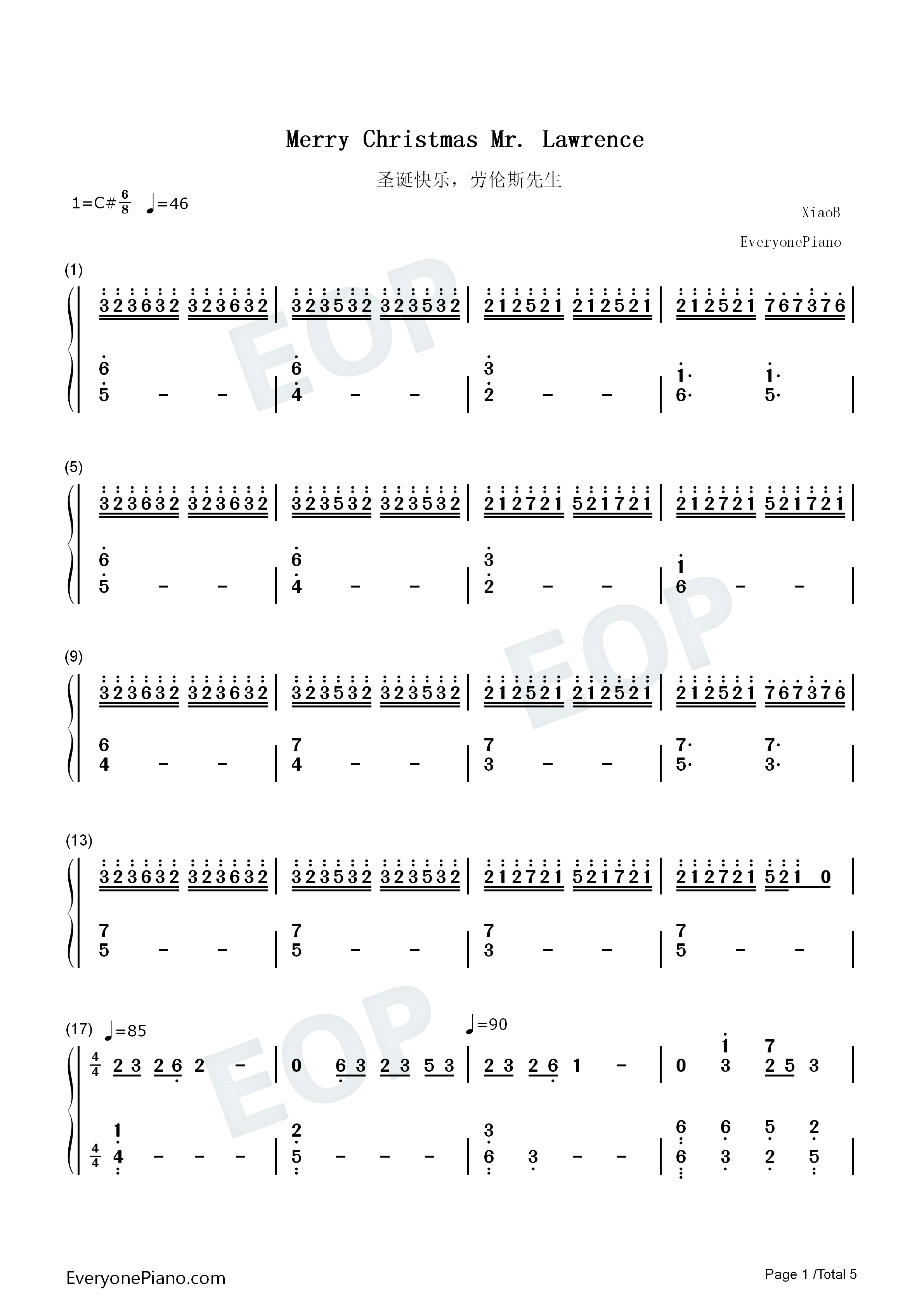 圣诞快乐劳伦斯先生钢琴简谱_坂本龙一演唱