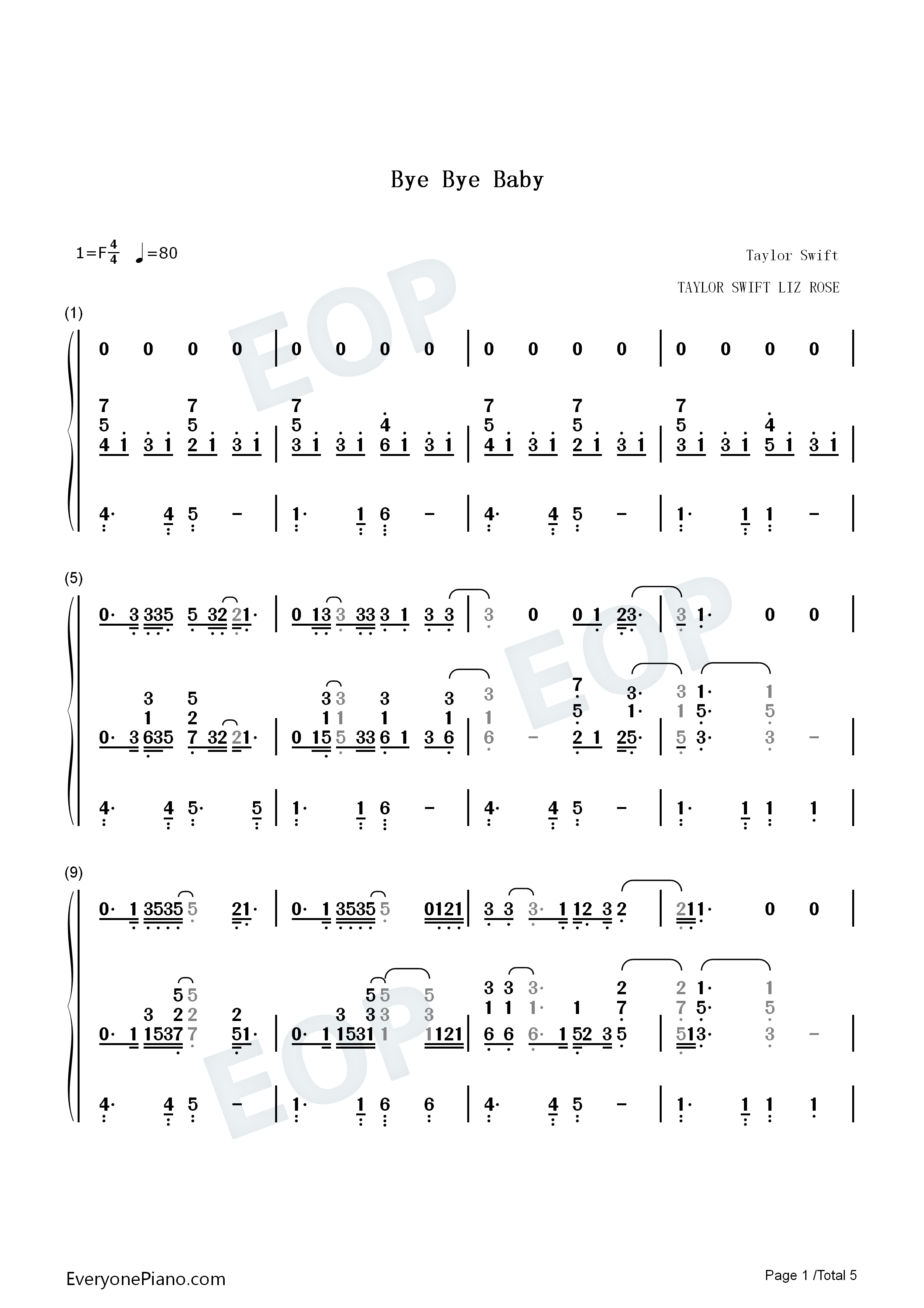 Bye_Bye_Baby钢琴简谱_Taylor_Swift演唱