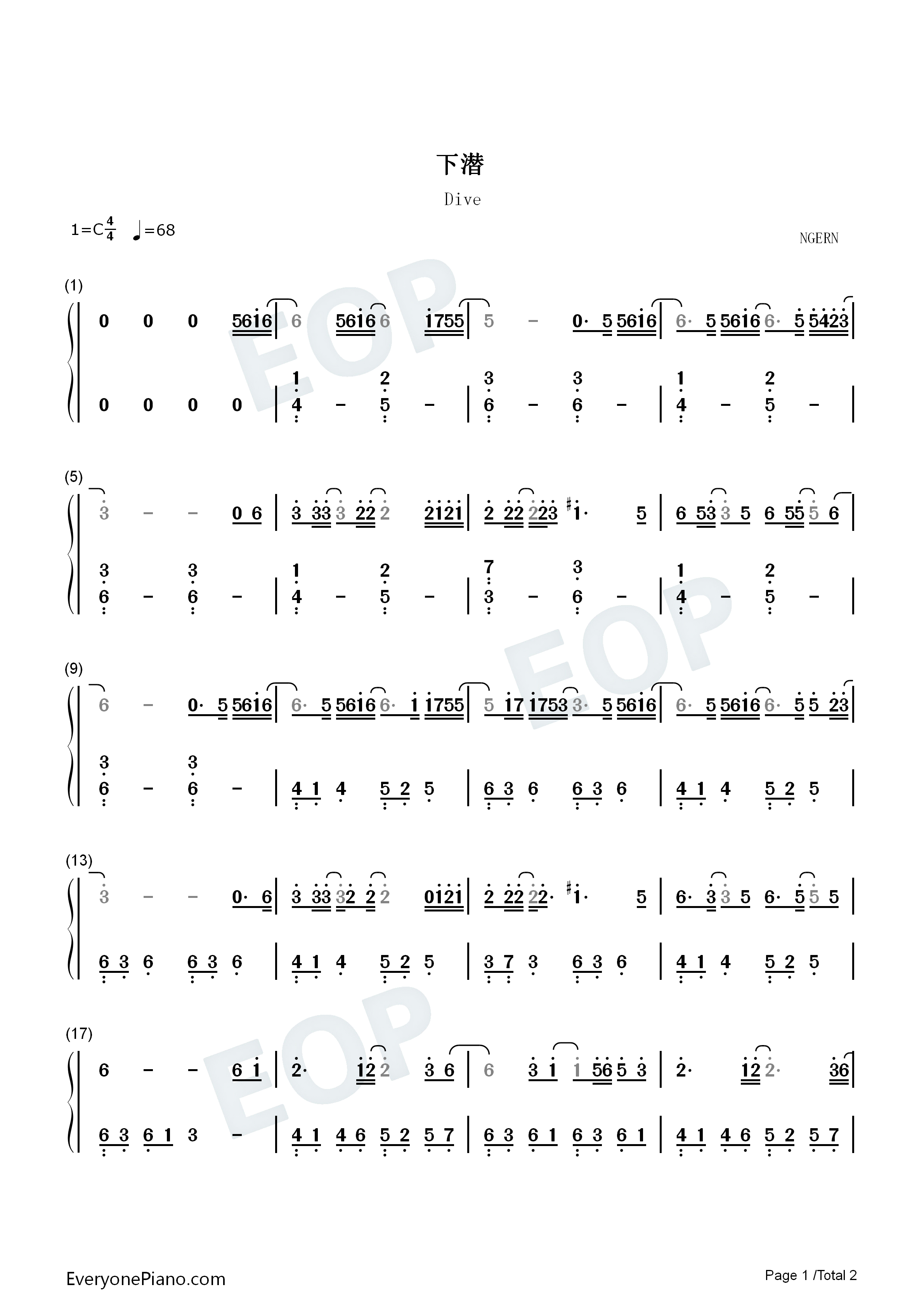 下潜钢琴简谱_川青_Morerare演唱