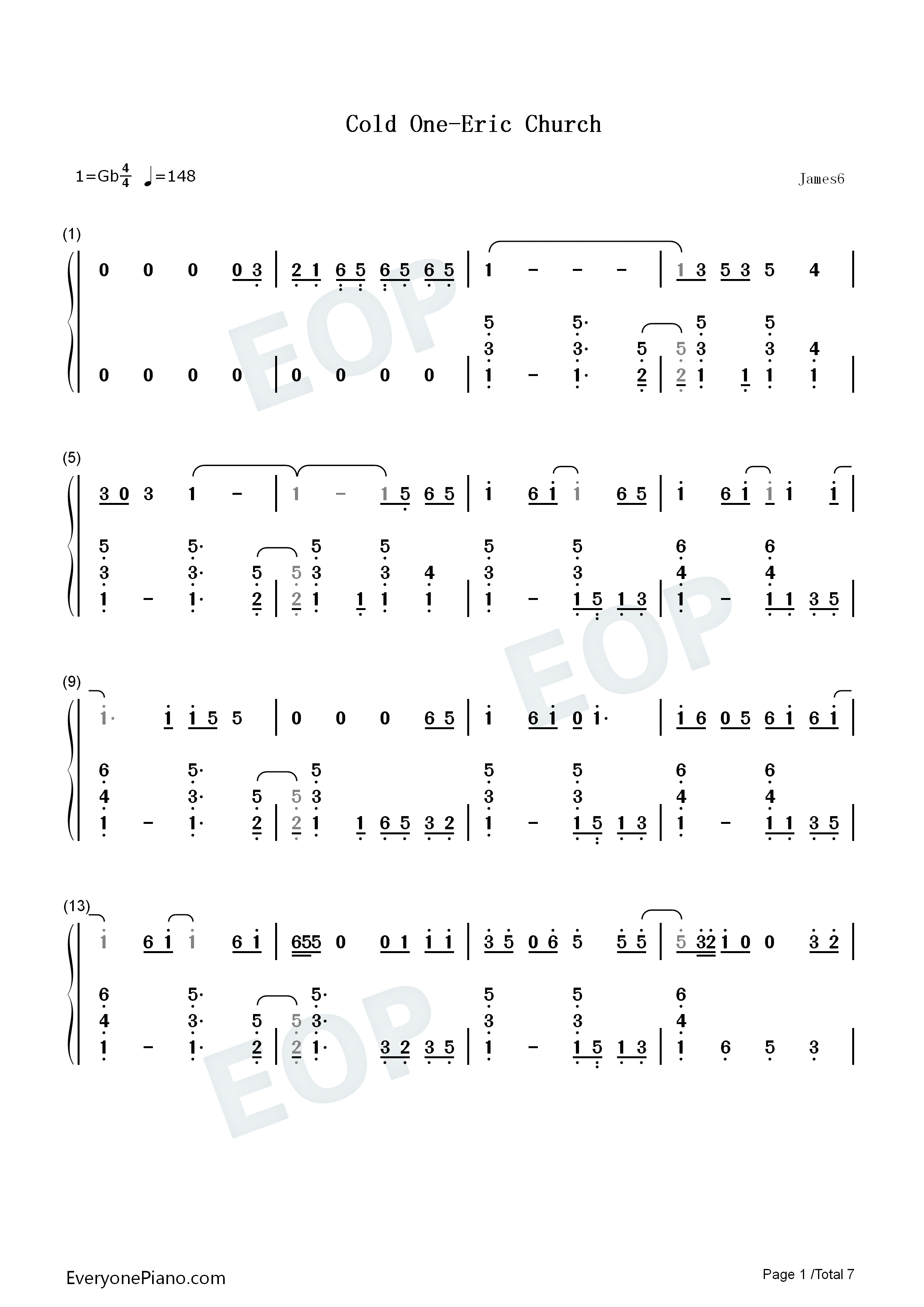 Cold_One钢琴简谱_Eric_Church演唱