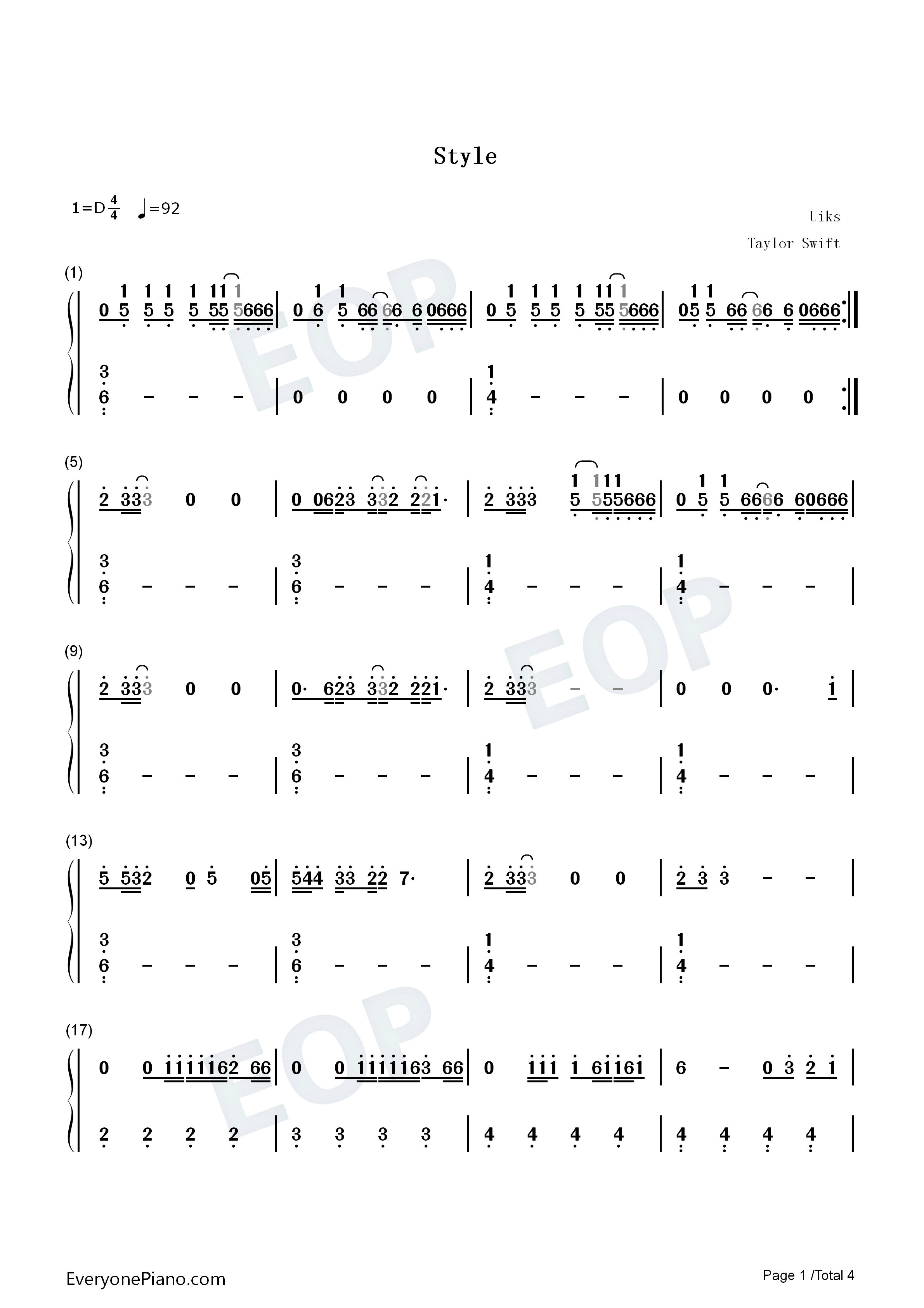 Style钢琴简谱_Taylor_Swift演唱