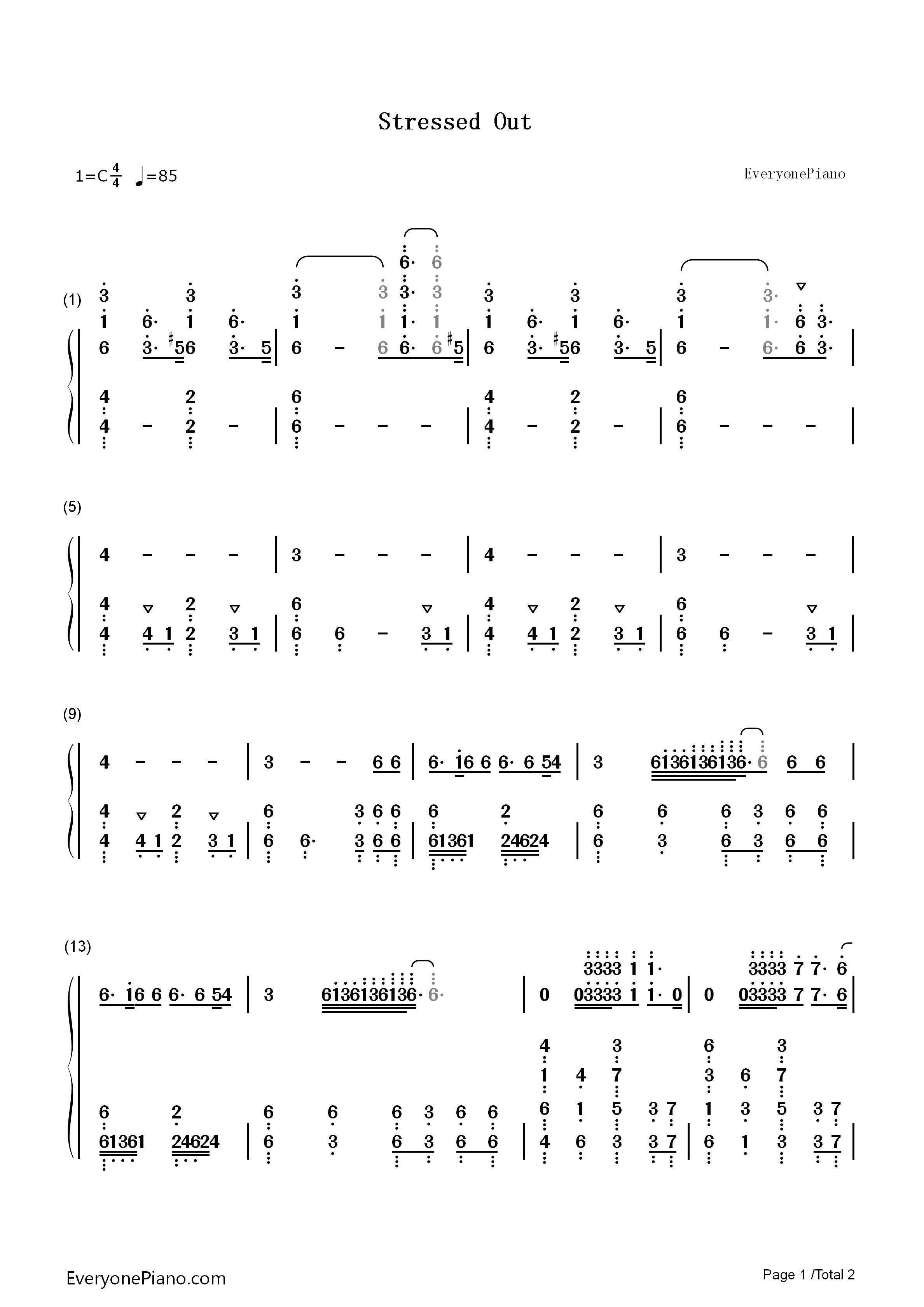 Stressed_Out简单版钢琴简谱_Twenty_One_Pilots演唱