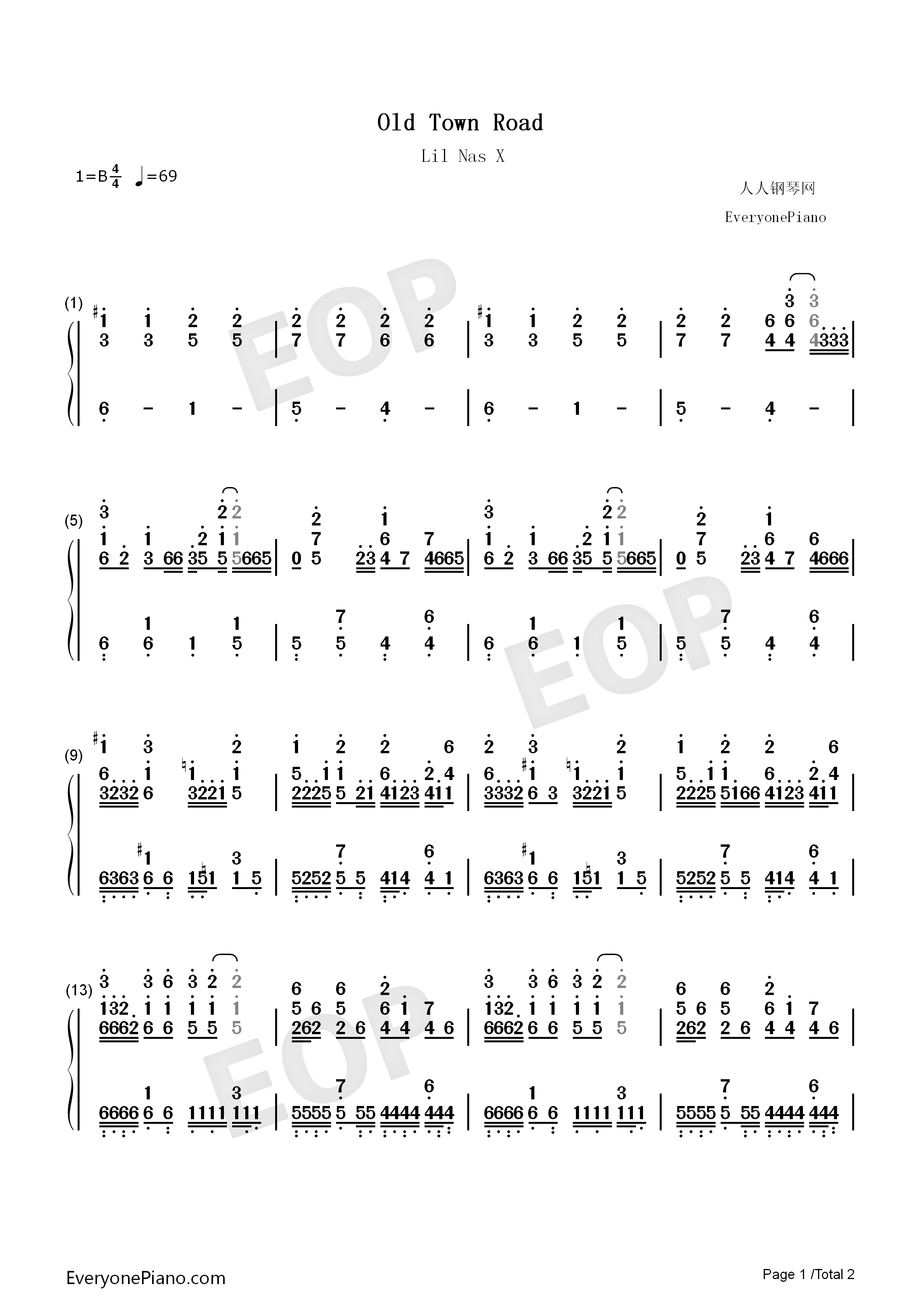 Old_Town_Road钢琴简谱_Lil_Nas_X演唱