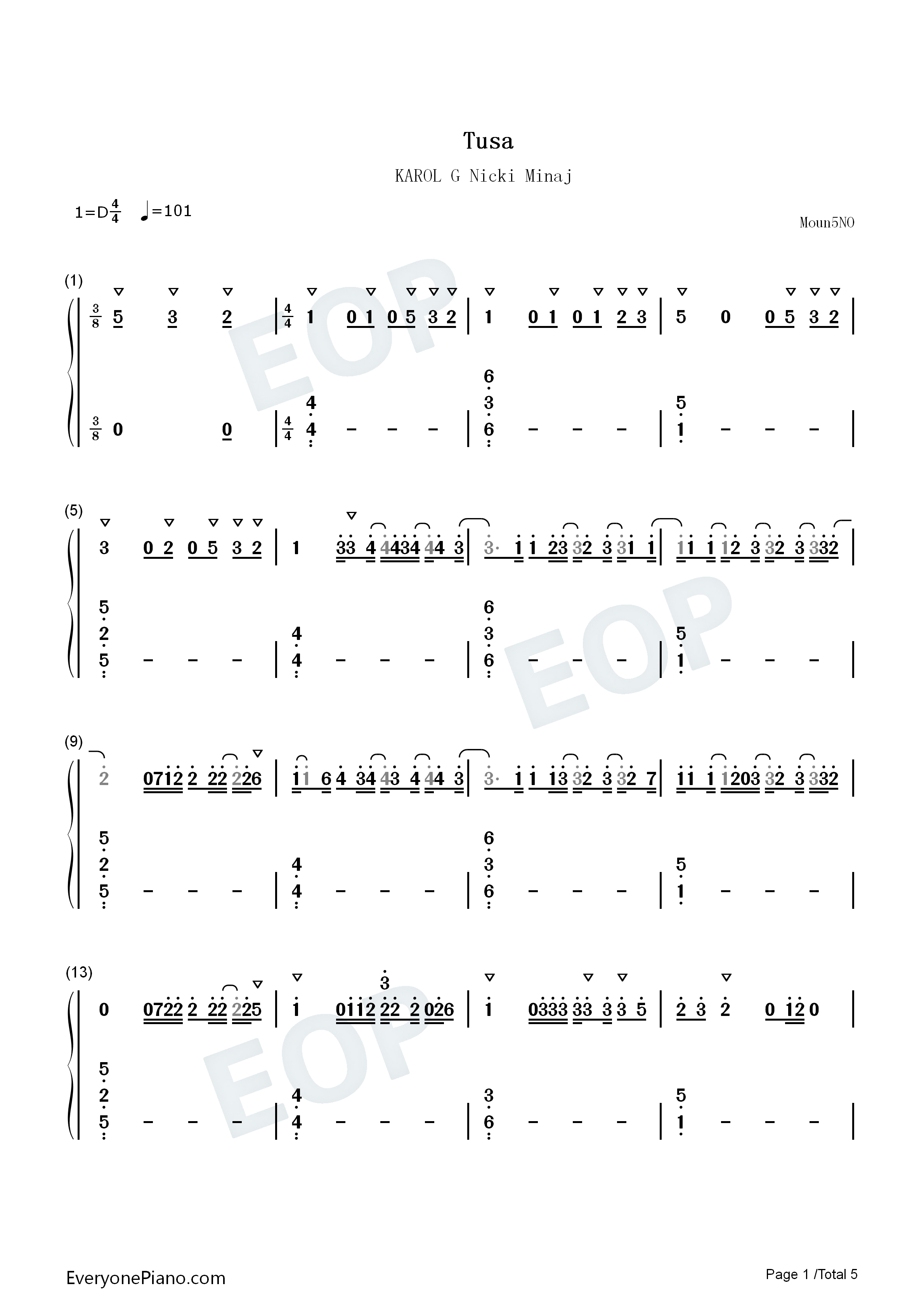Tusa钢琴简谱_Karol_G_Nicki_Minaj演唱