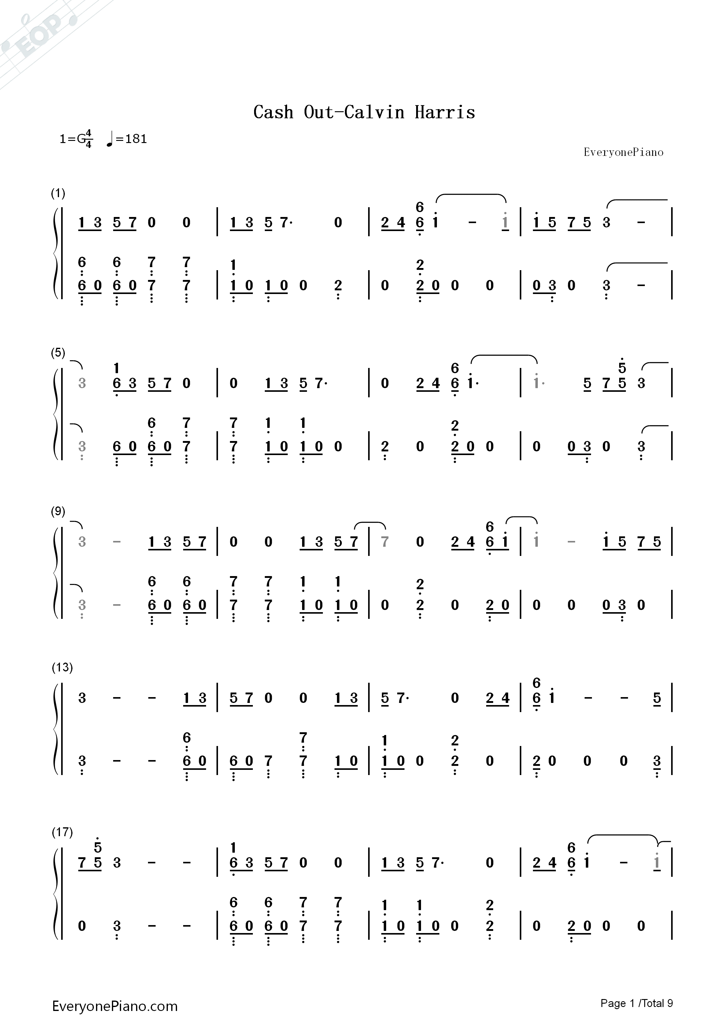 Cash_Out钢琴简谱_Calvin_Harris演唱