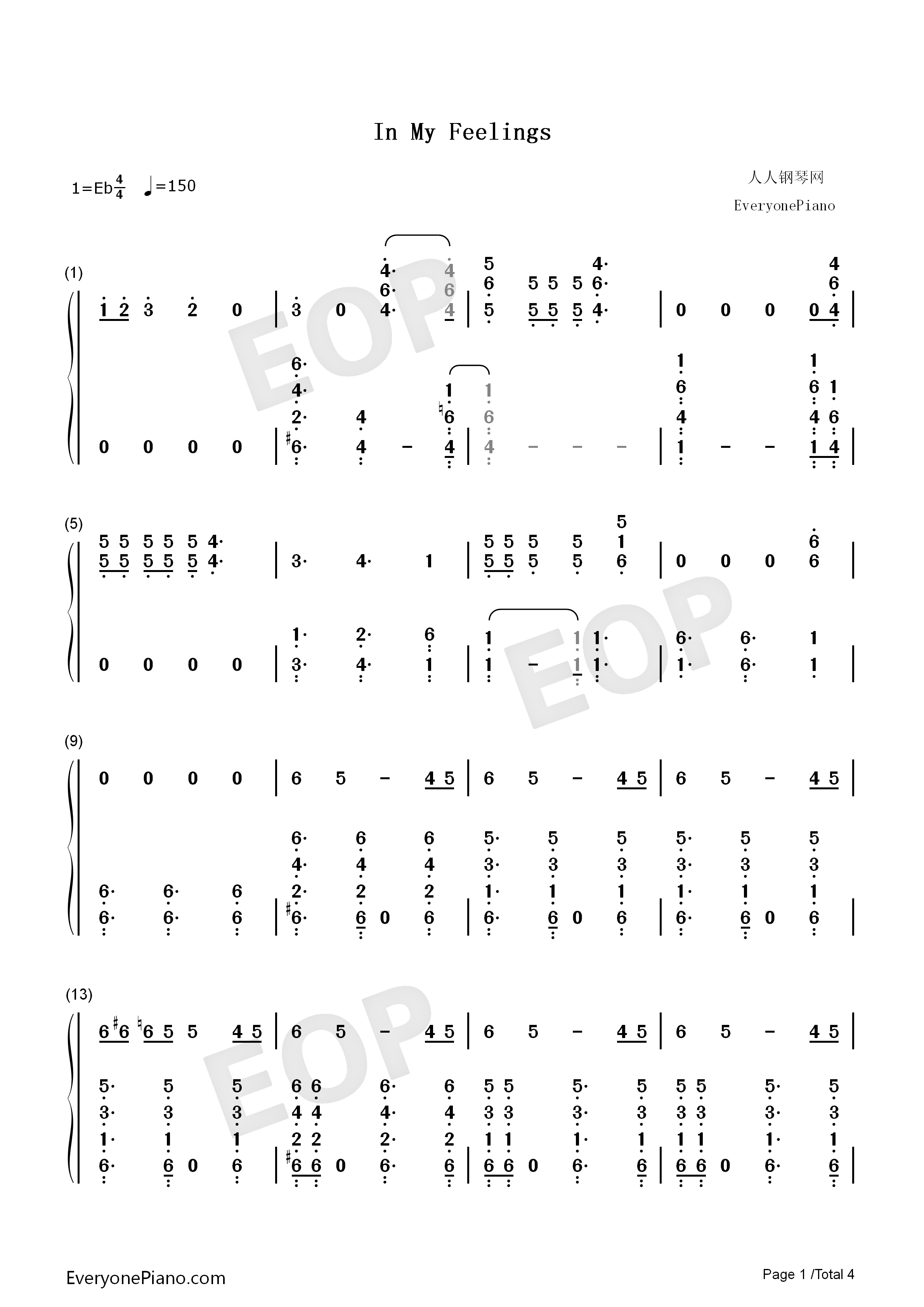 In_My_Feelings钢琴简谱_Drake演唱
