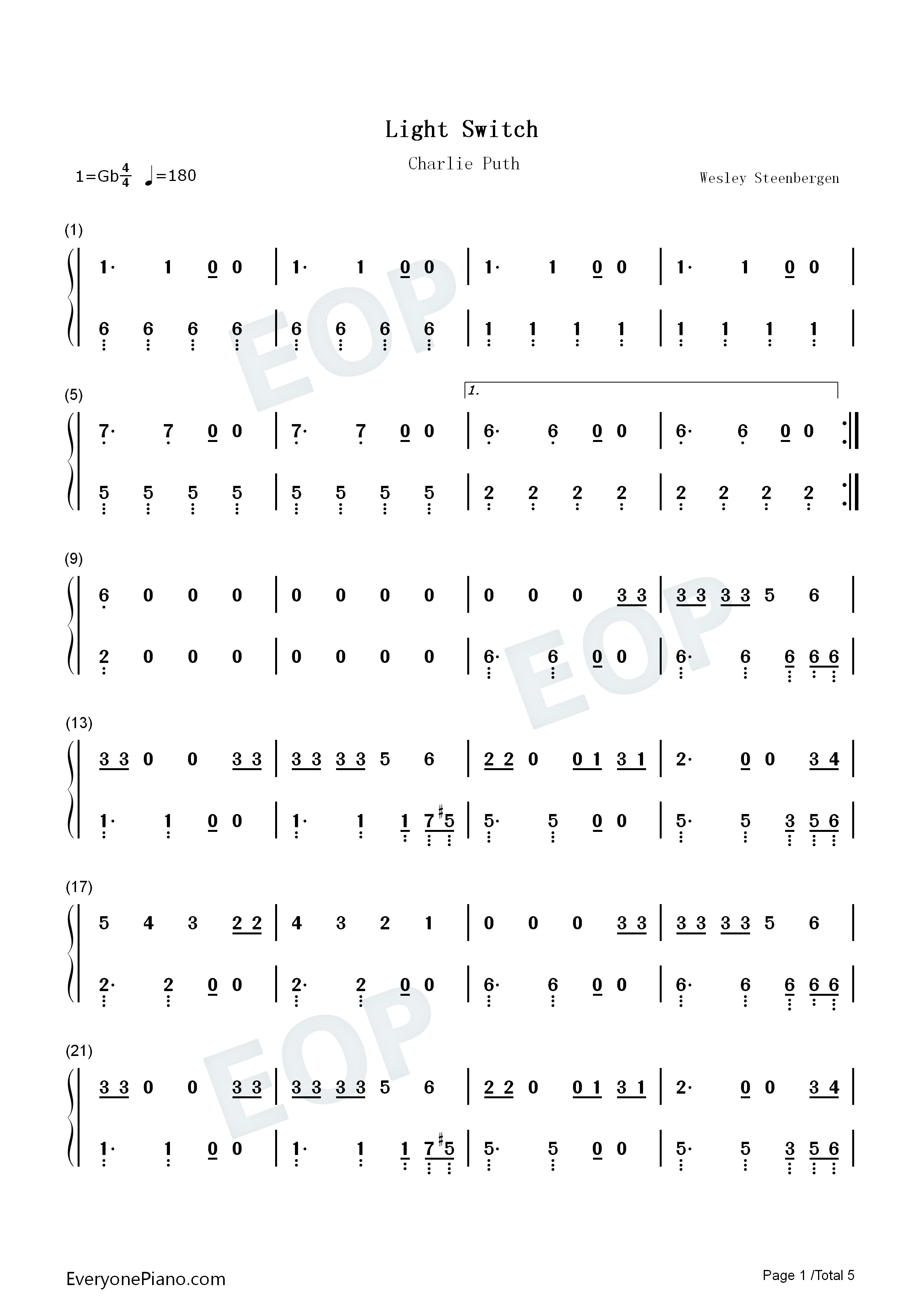 Light_Switch钢琴简谱_Charlie_Puth演唱