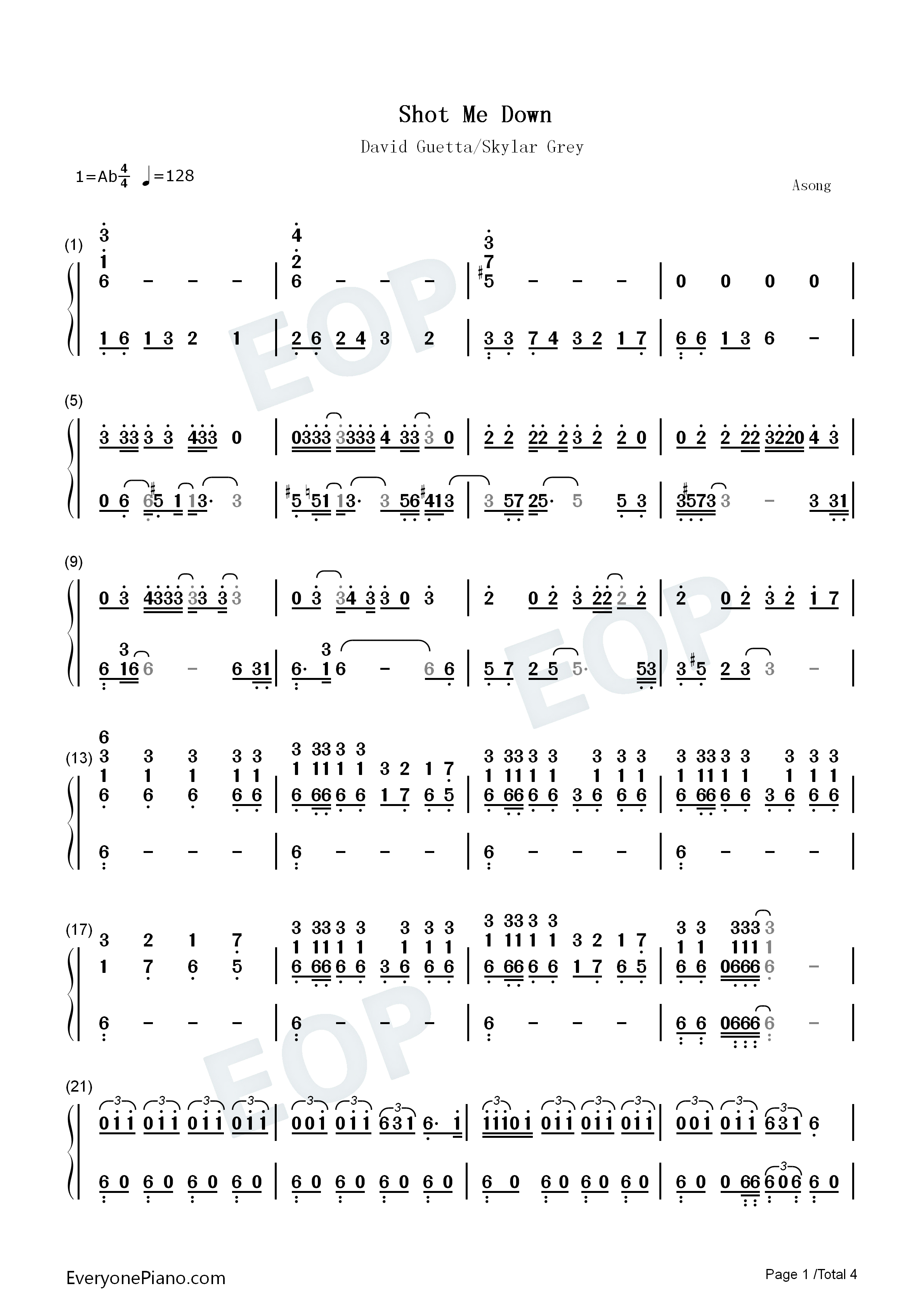 Shot_Me_Down钢琴简谱_David_Guetta_&_Skylar_Grey演唱