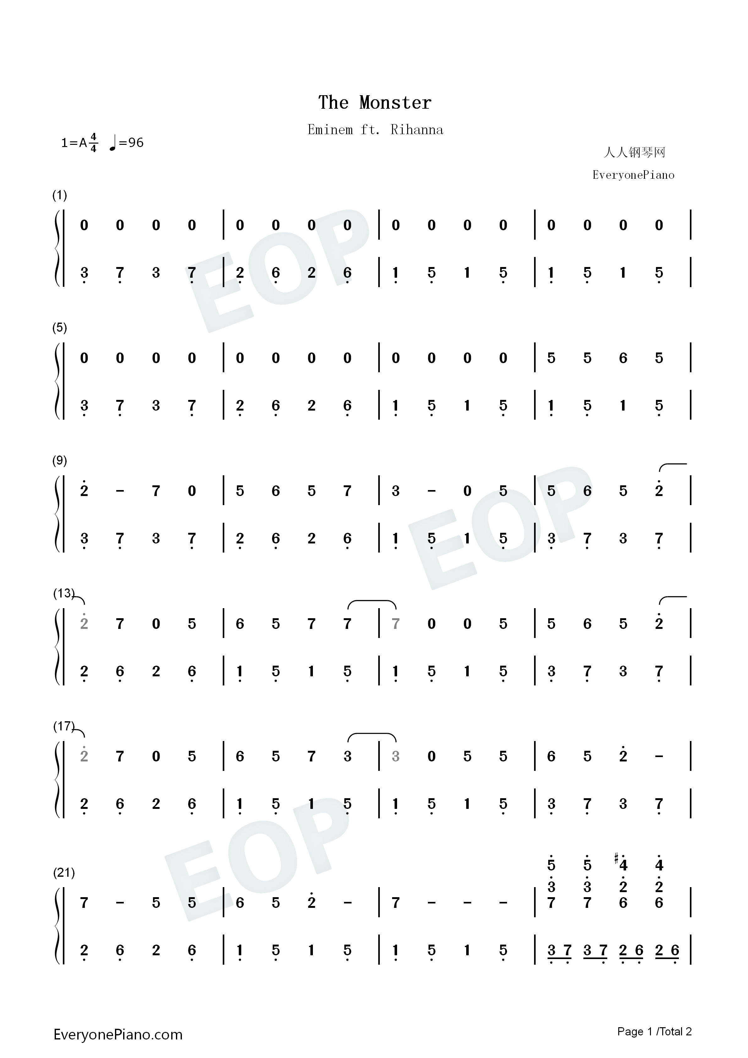The_Monster钢琴简谱_Eminem_&_Rihanna演唱