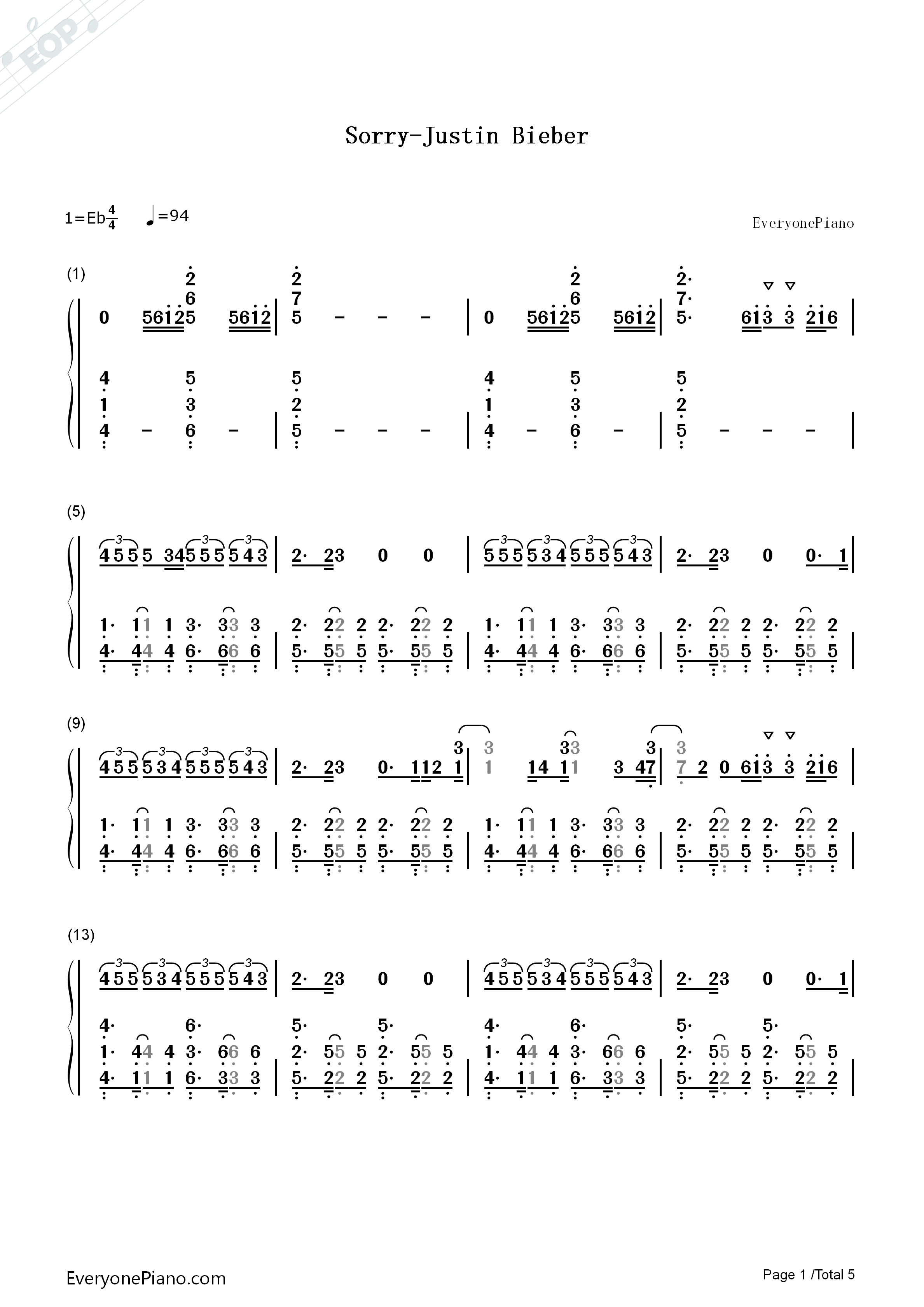 Sorry钢琴简谱_Justin_Bieber演唱