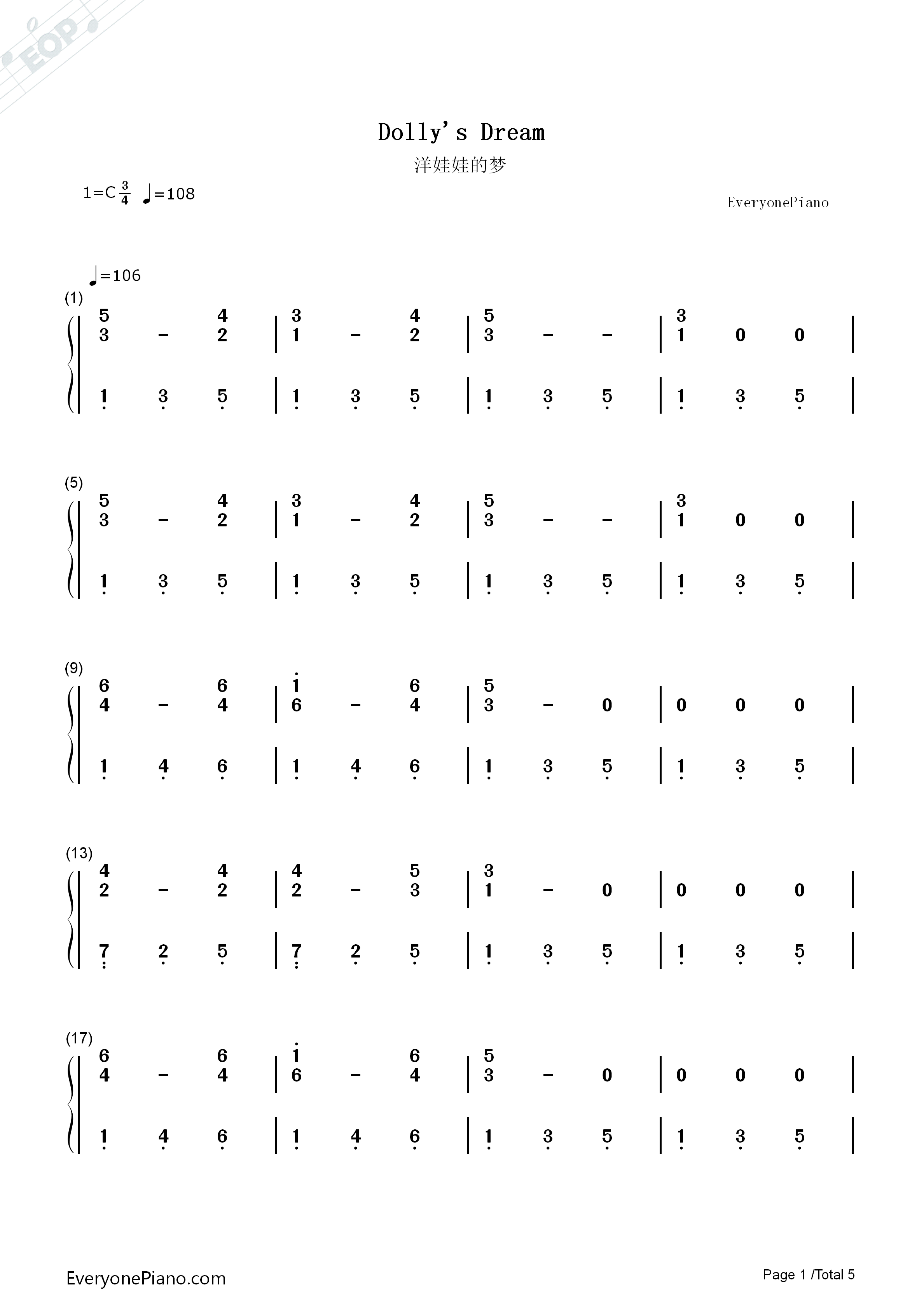 洋娃娃的梦钢琴简谱_儿歌演唱